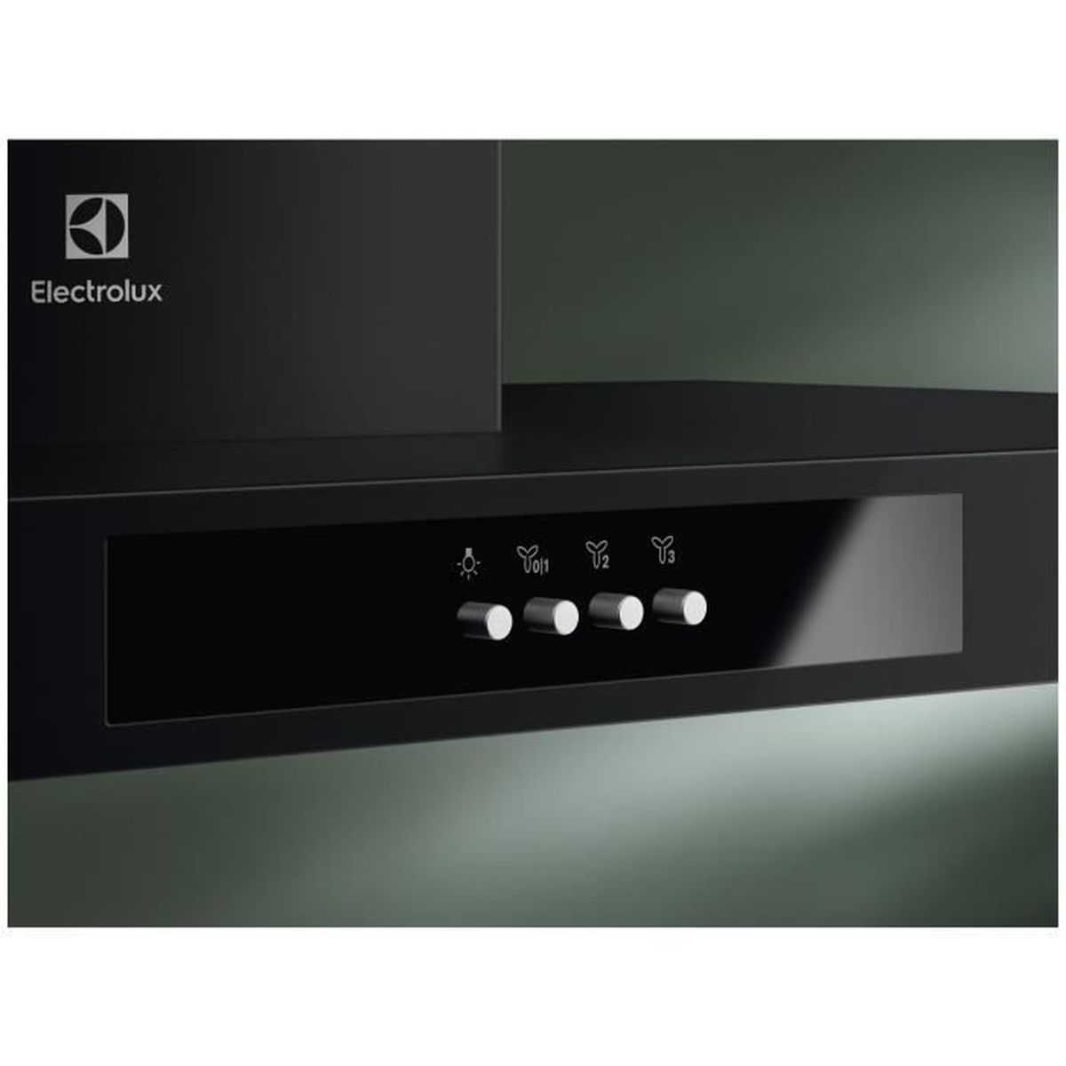 Cappa aspirante nera Electrolux con logo e pulsanti di controllo.