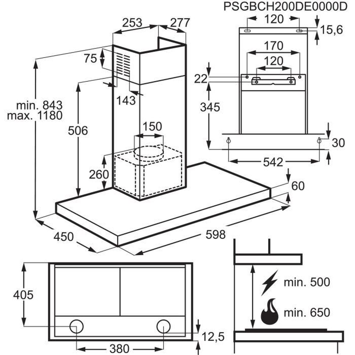 Disegno tecnico di una cappa aspirante con dimensioni e numero di modello.