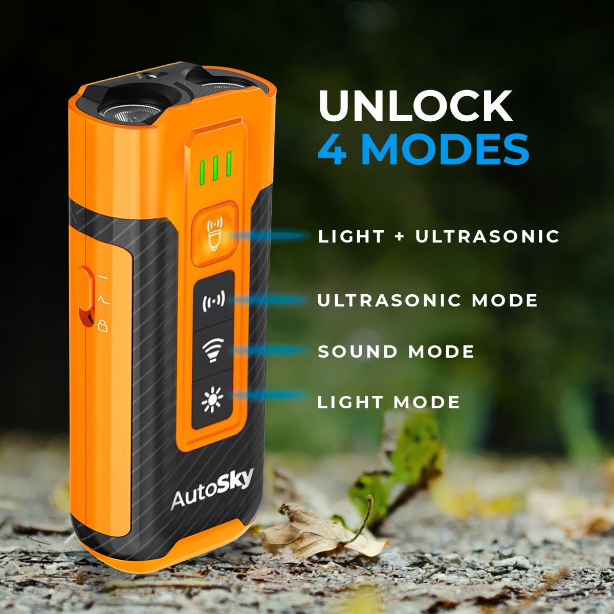 Dispositivo naranja y negro que muestra 4 modos: Luz+Ultrasónico, Ultrasónico, Sonido, Luz.