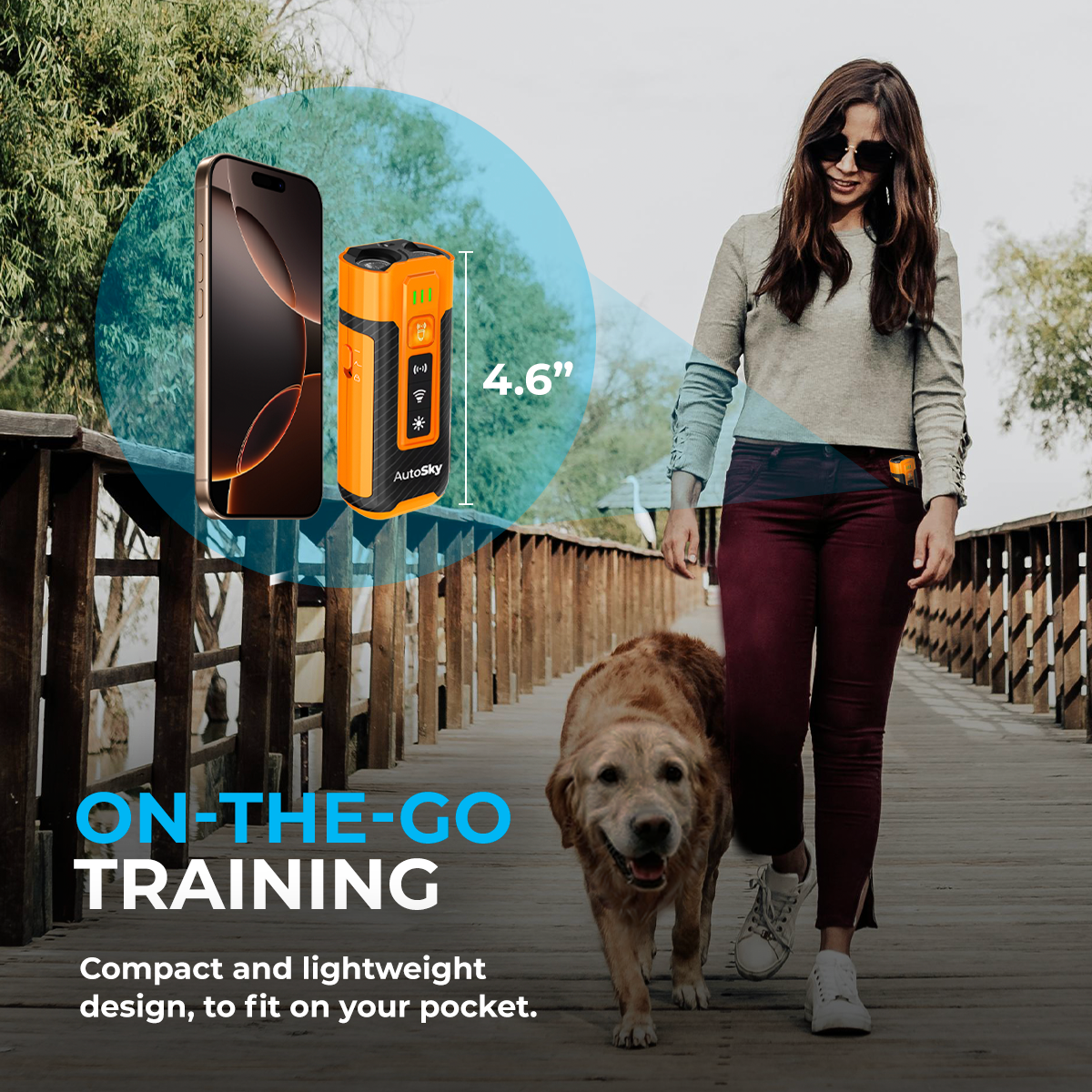 Mujer pasea perro en puente; se muestran teléfono y dispositivo naranja, 4.6".