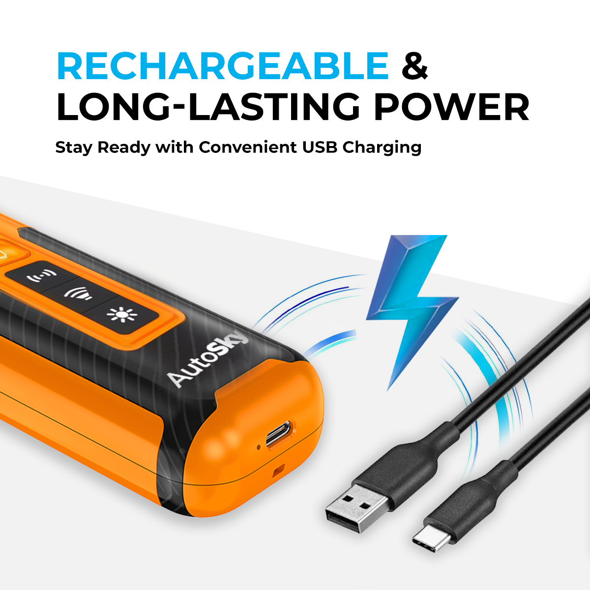 Dispositivo naranja y negro con cables USB y símbolo de rayo.