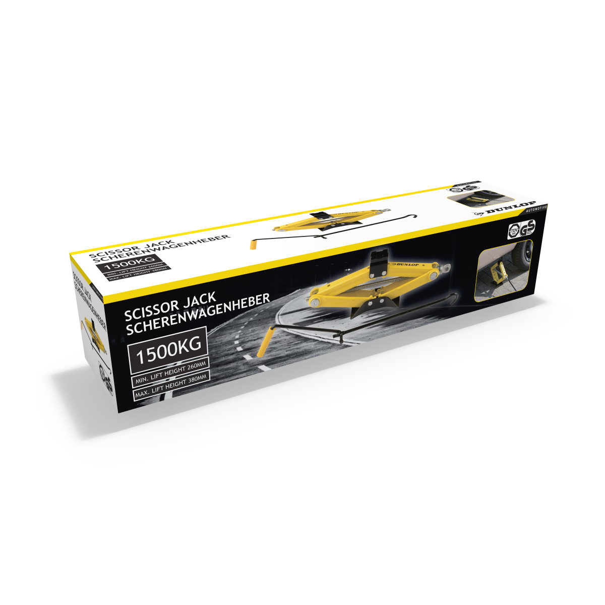 Confezione di un cric a pantografo giallo Dunlop da 1500 kg.