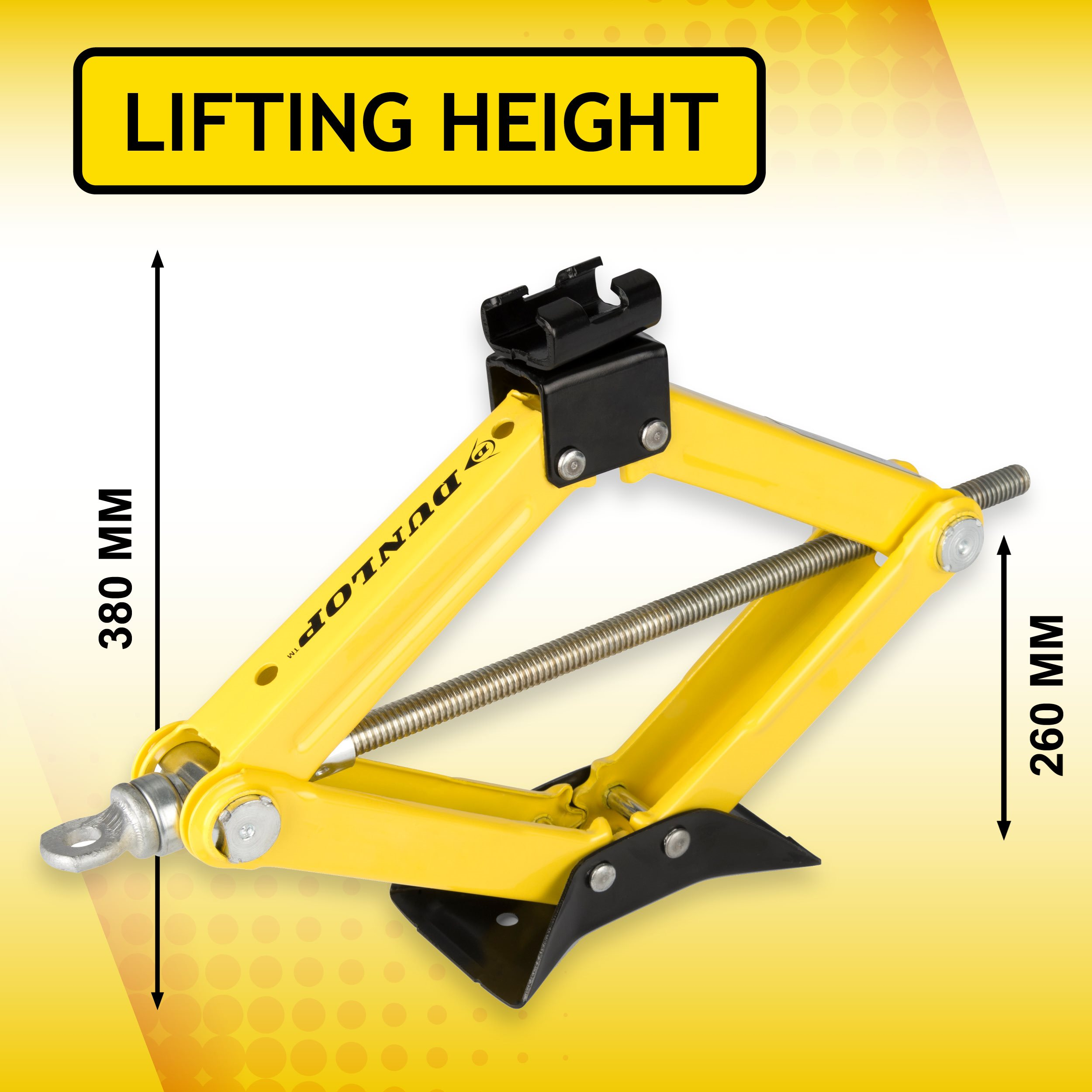 Carrello a forbice giallo con supporto nero. Dimensioni: 380 mm e 260 mm.
