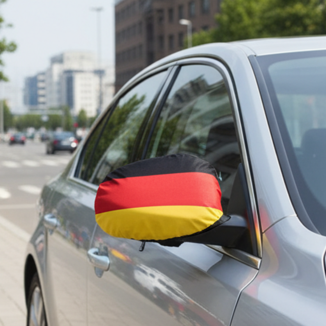 Ein silbernes Auto parkt an einer Stra­e mit einem deutschen Flaggen-Spiegelbezug.