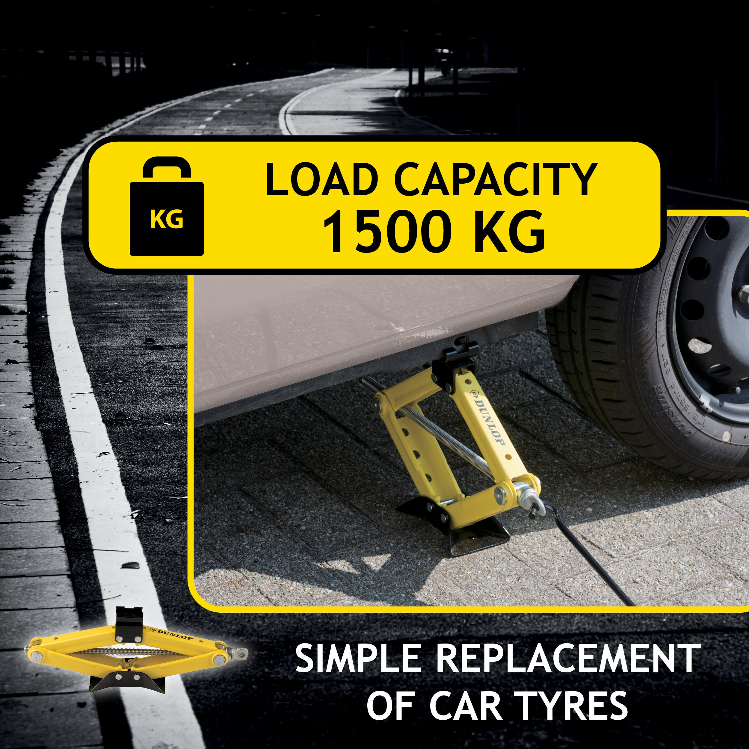 Un cric per auto giallo solleva un'auto. Capacità di carico 1500 kg.