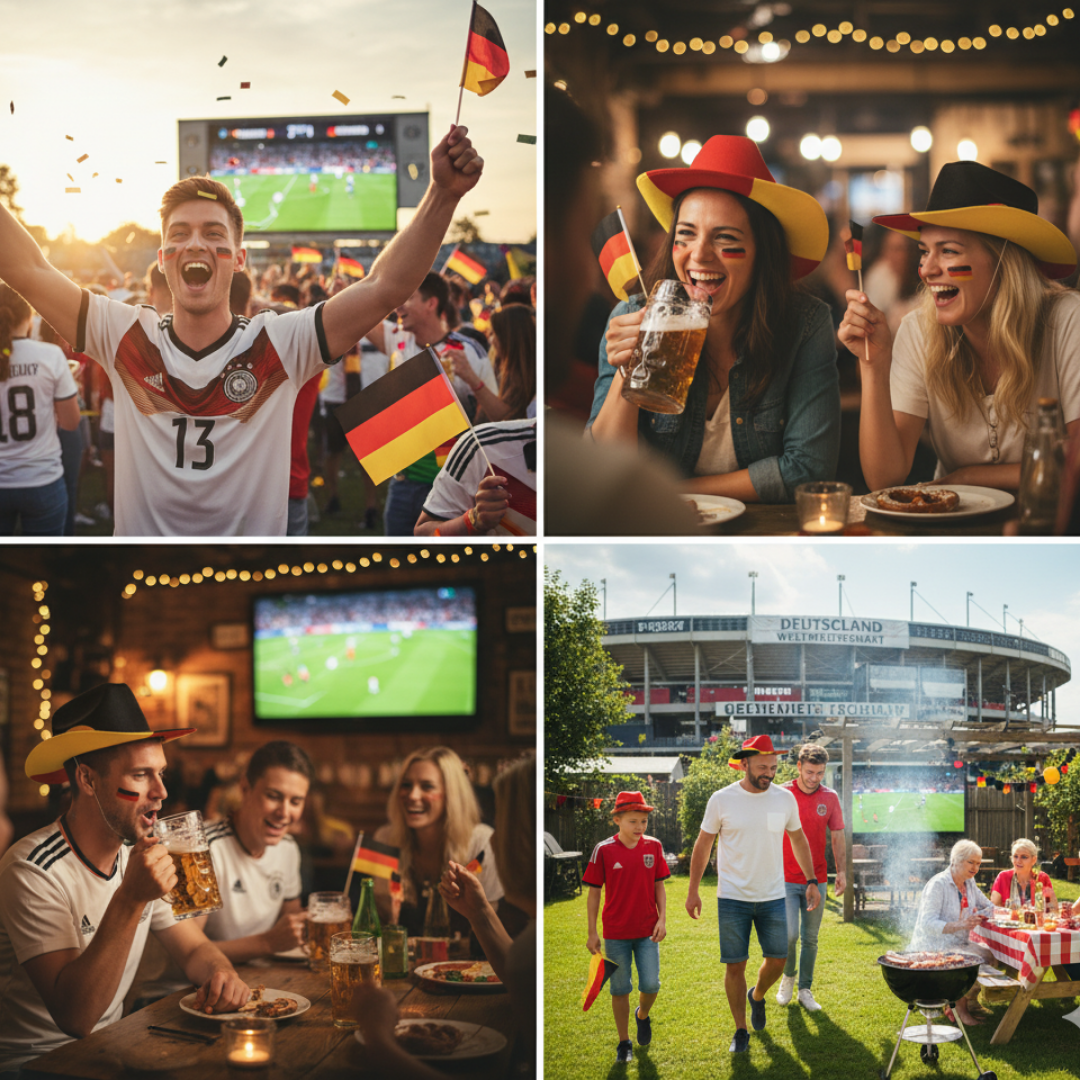 Fans jubeln mit deutschen Fahnen und Gesichtsbemalung, schauen Fußball auf Leinwand, trinken Getränke.
