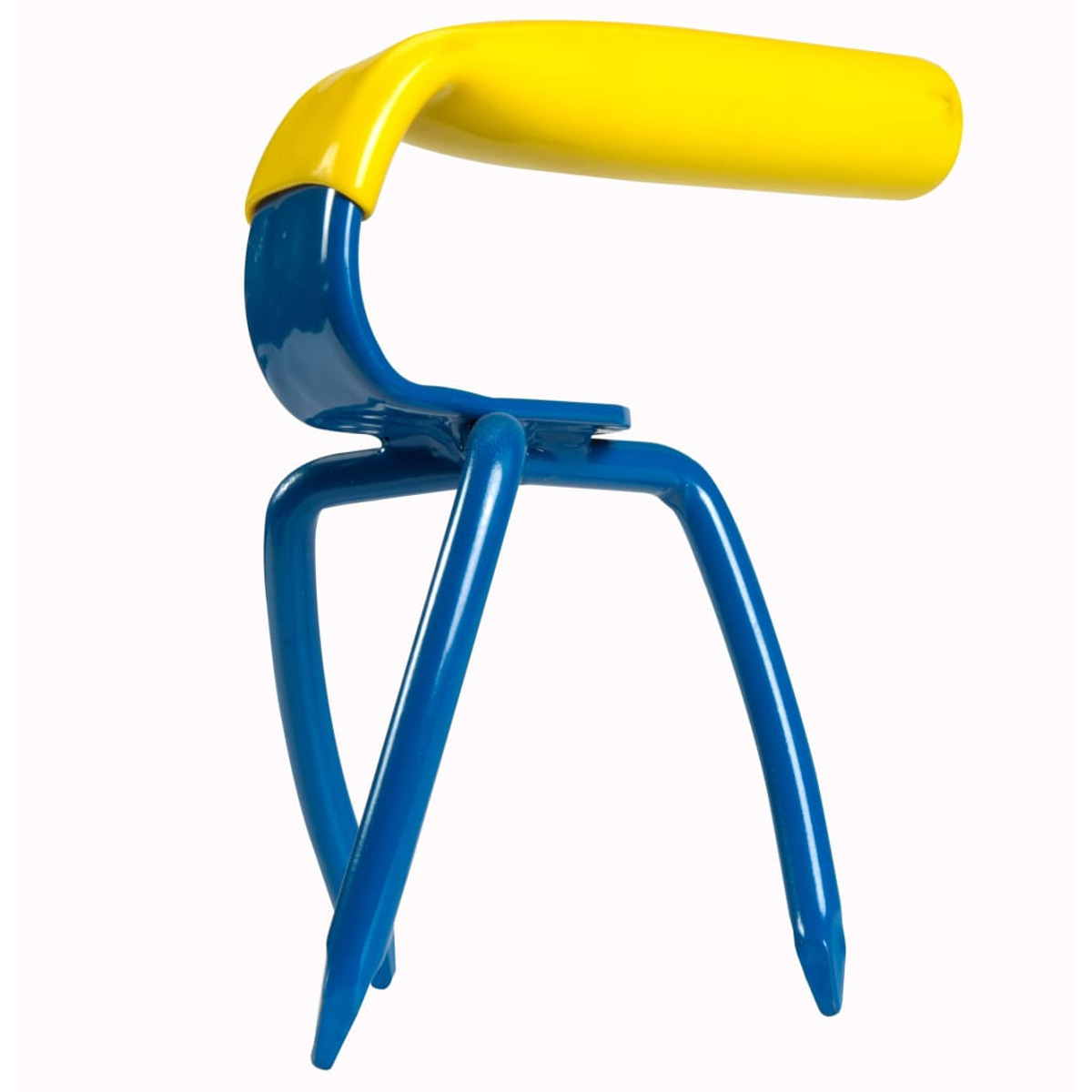 Outil de jardin bleu avec manche jaune, fond blanc.