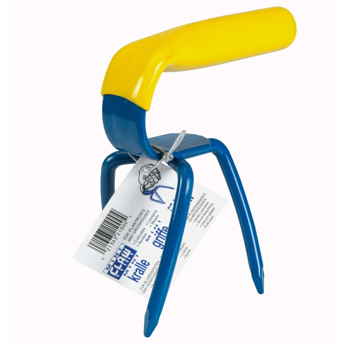 Une griffe de jardin bleue avec manche jaune et une étiquette.
