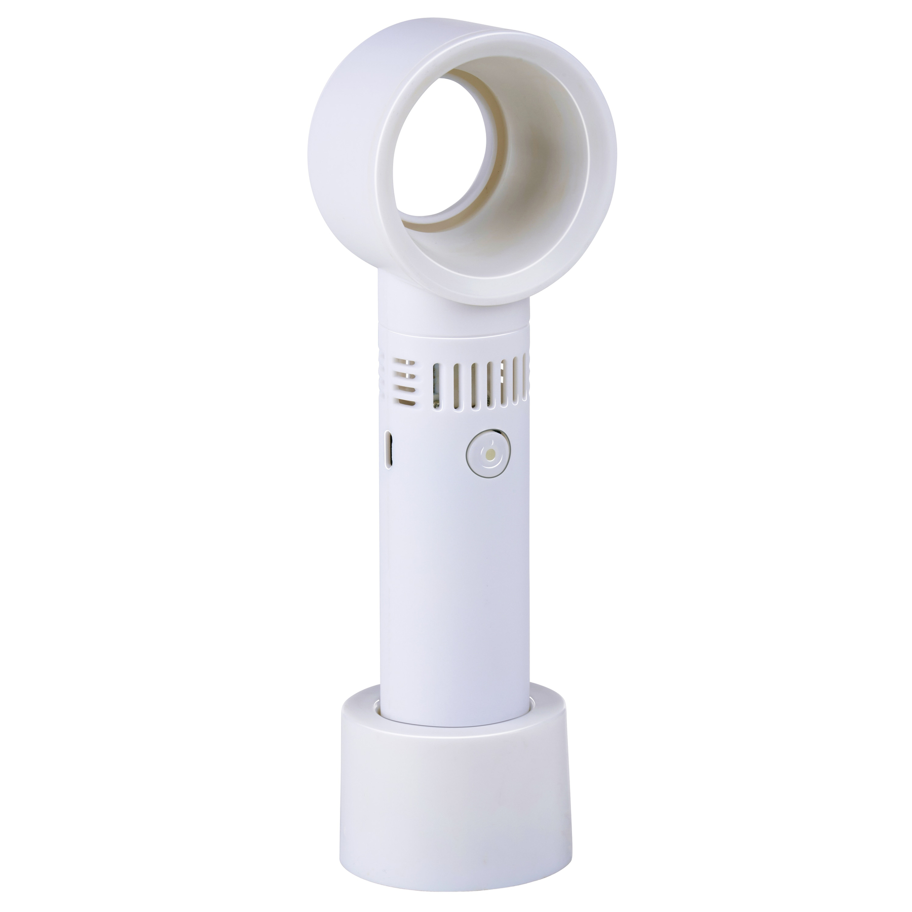 Un ventilatore bianco senza pale con uscita rotonda e base.