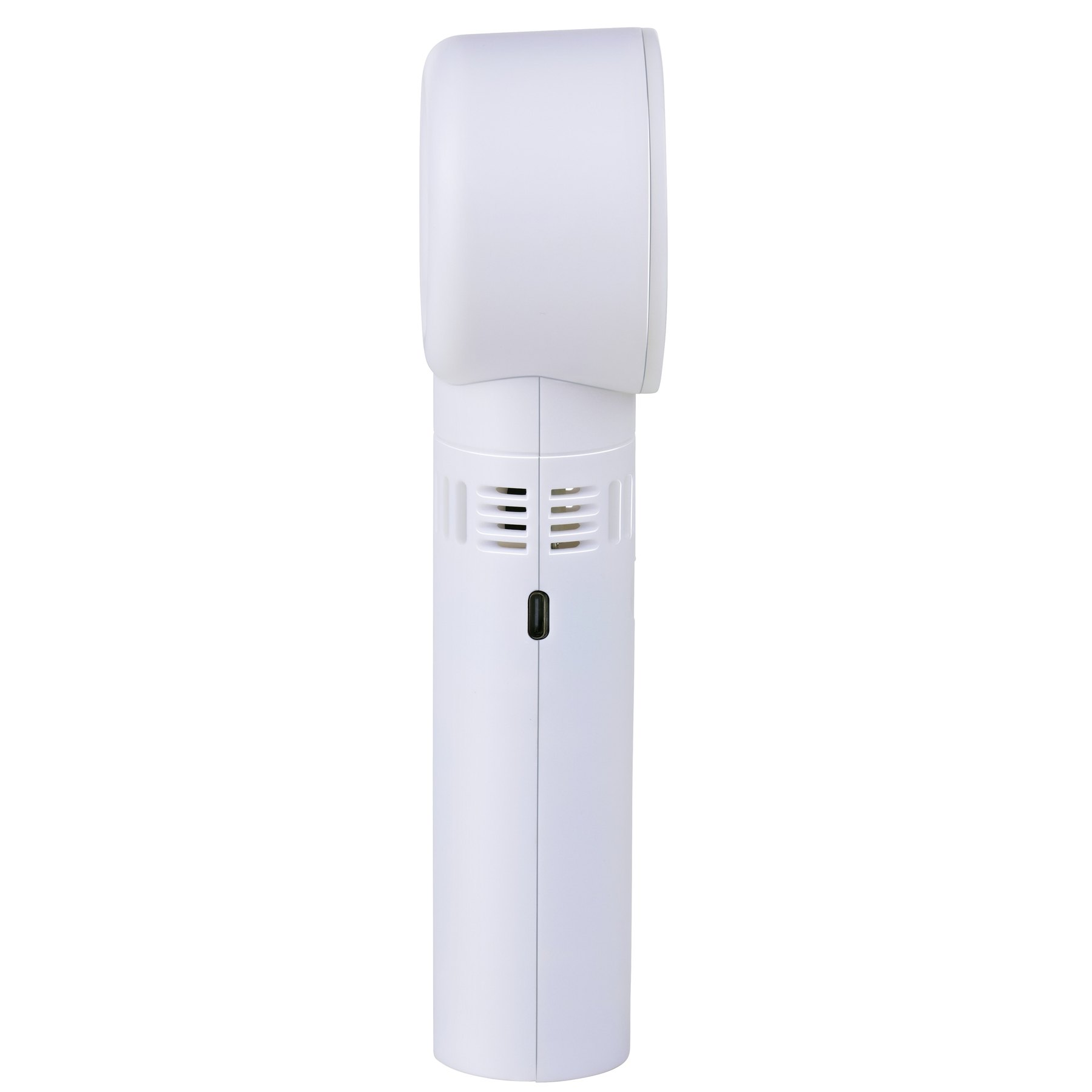 Un dispositivo cilindrico bianco con fessure di ventilazione e un piccolo pulsante nero.