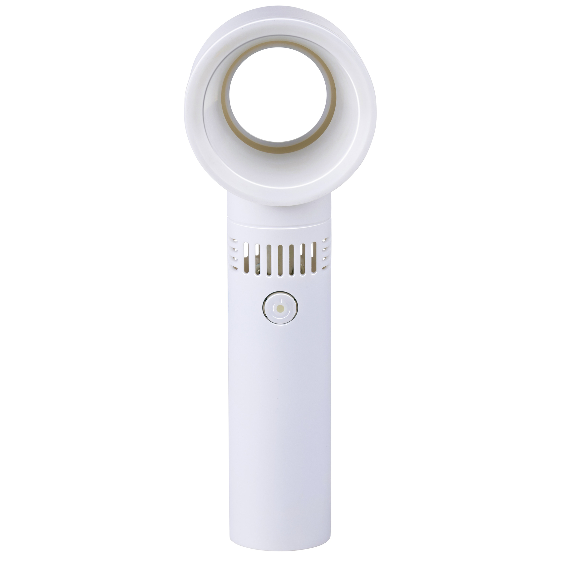 Un ventilatore bianco senza pale con bocchetta rotonda superiore e manico con pulsante.