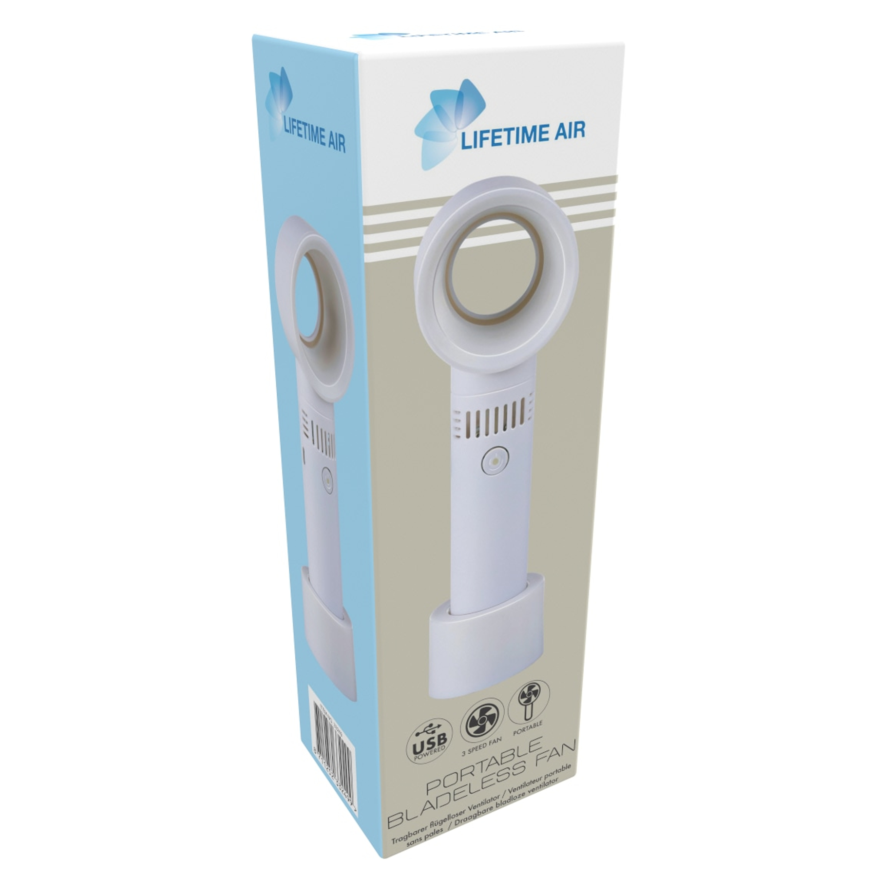 Scatola bianca con logo blu e un ventilatore portatile senza pale.