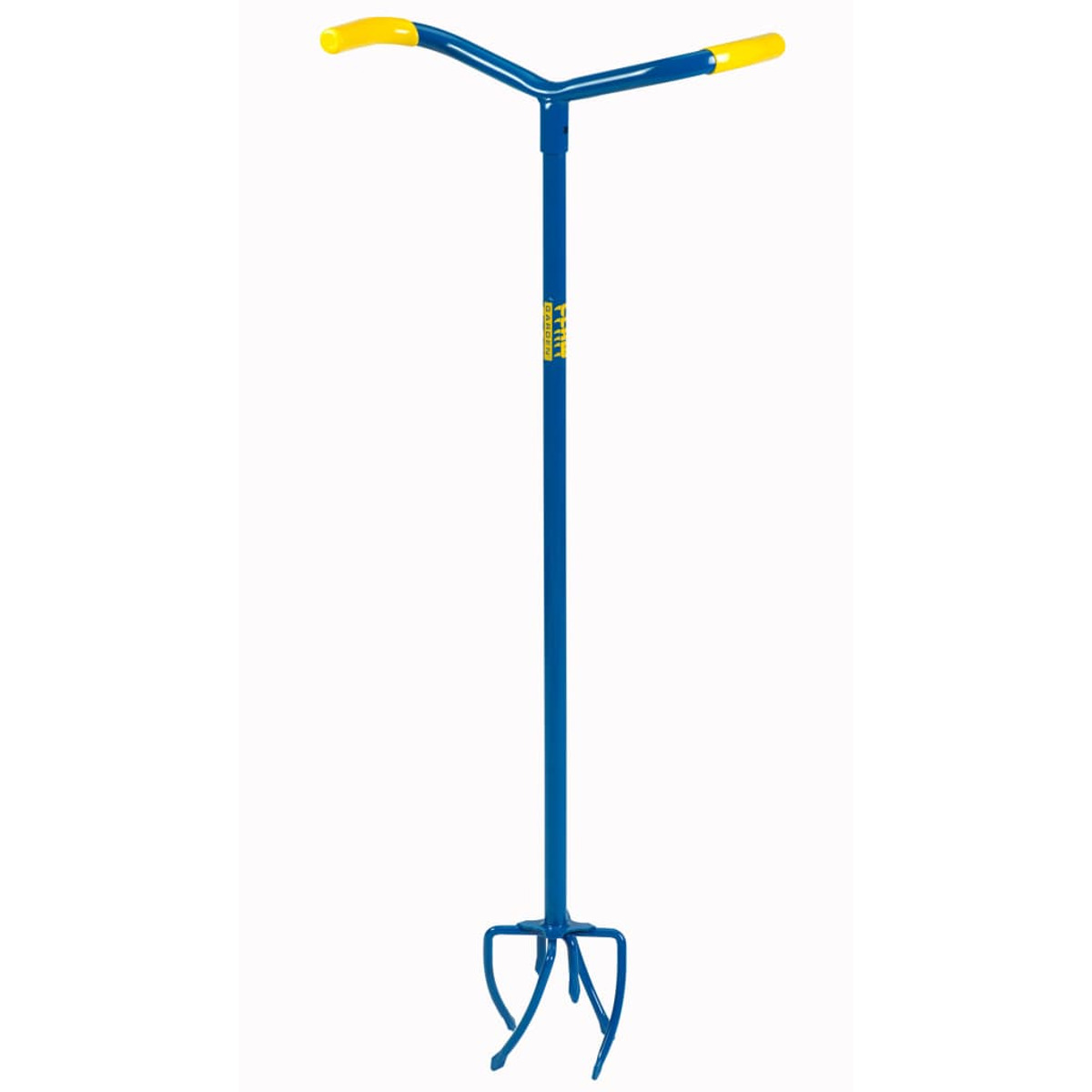 Outil de jardin bleu avec poignées jaunes et tête fourchue.