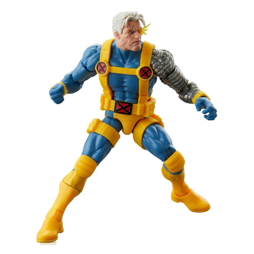 Figura de acción de Cable con traje azul, detalles amarillos y brazo metálico.