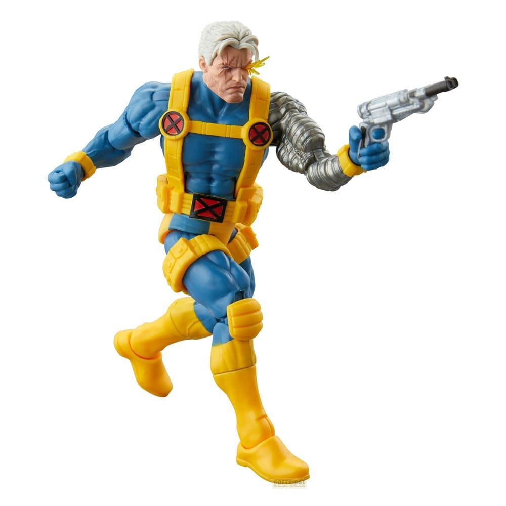 Figura de acción de Cable en azul y amarillo con brazo plateado y pistola.