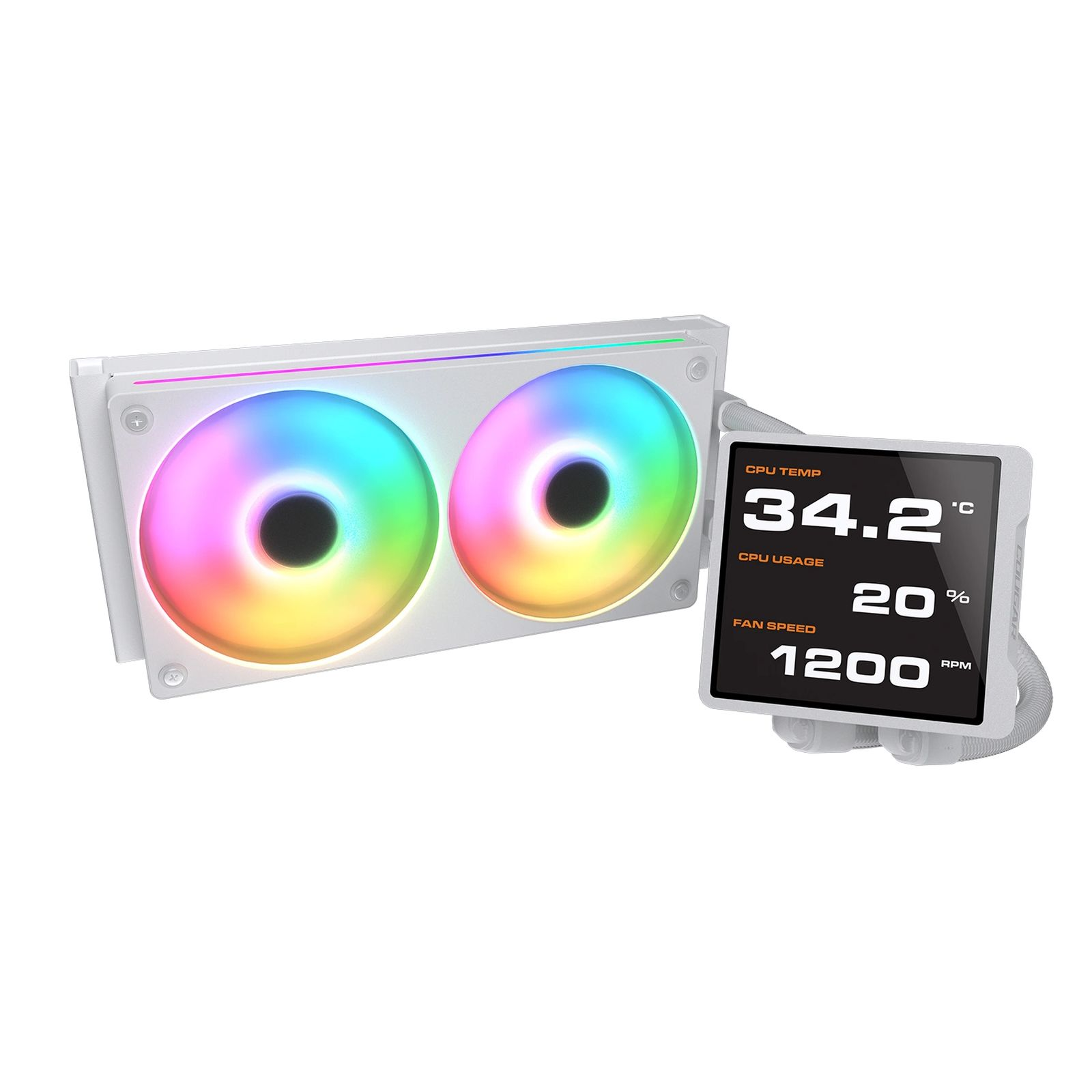 Biała chłodziarka CPU z dwoma wentylatorami RGB i wyświetlaczem 34,2°C temp CPU.