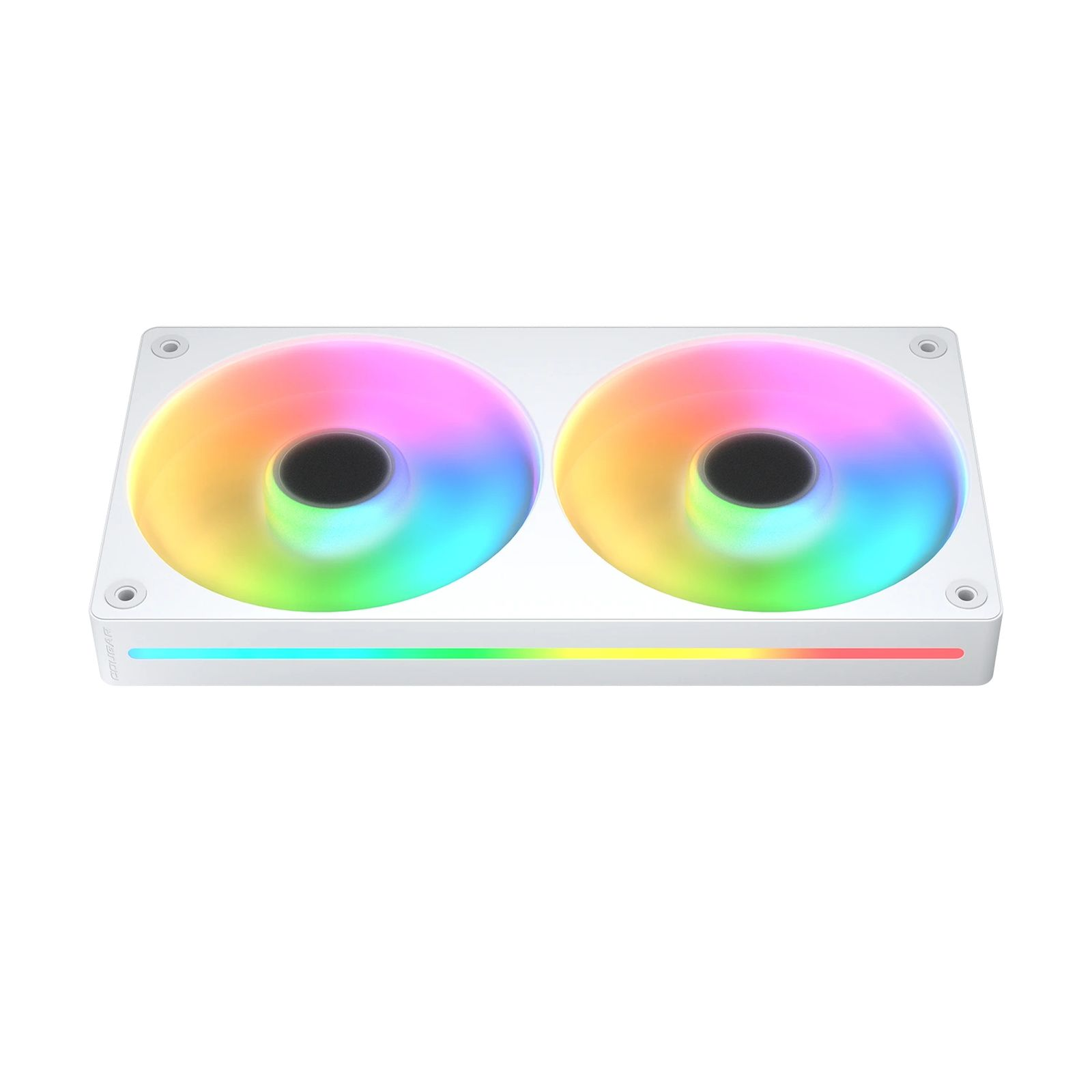 Biały wentylator komputerowy z dwoma podświetlanymi łopatkami RGB i paskiem światła.