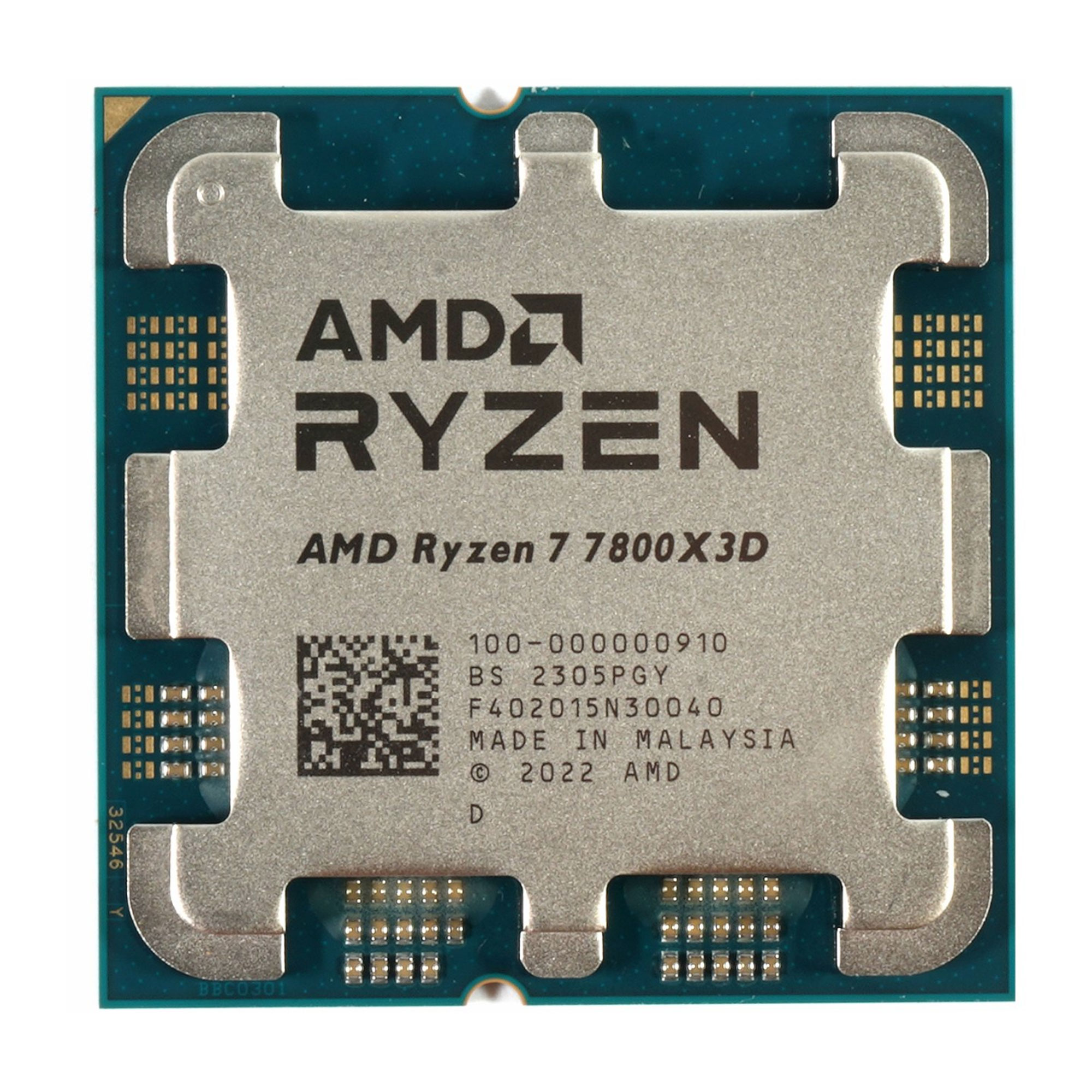 Gümüş ısı yayıcı ve siyah işaretlere sahip AMD Ryzen 7 7800X3D CPU.