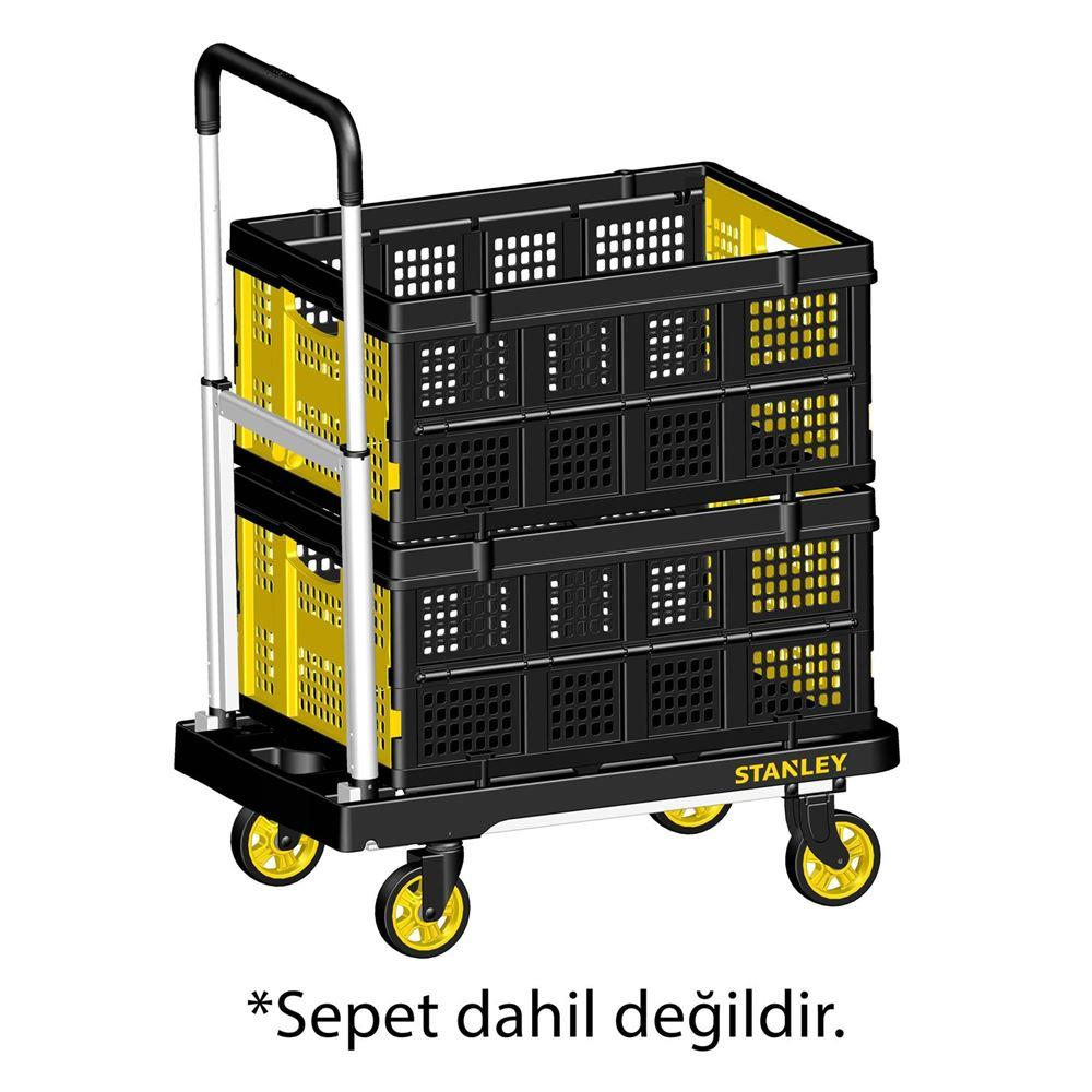 Sarı vurgulu, iki raflı siyah katlanabilir araba.