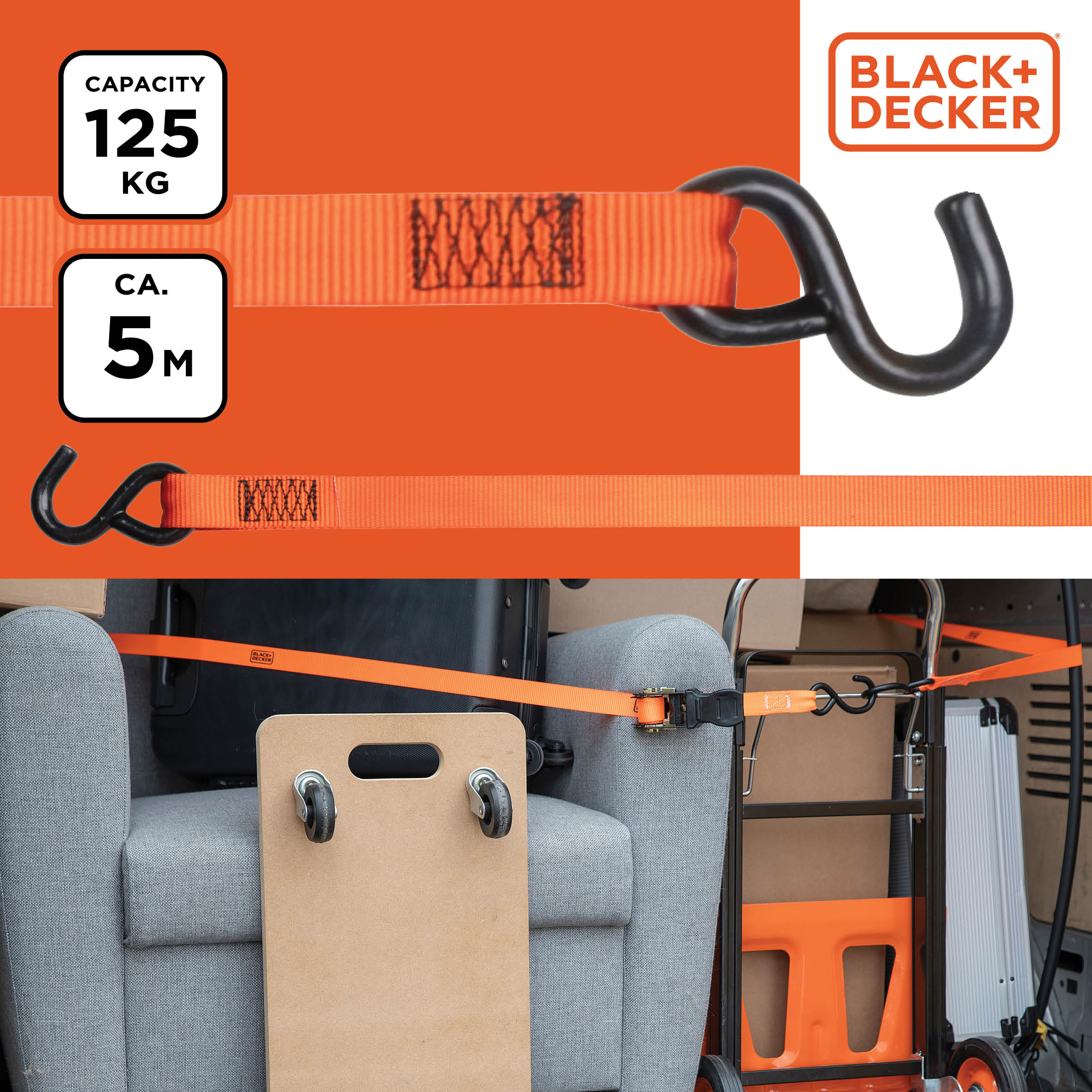 Orange tie-down straps with hooks secure furniture and boxes in a van.