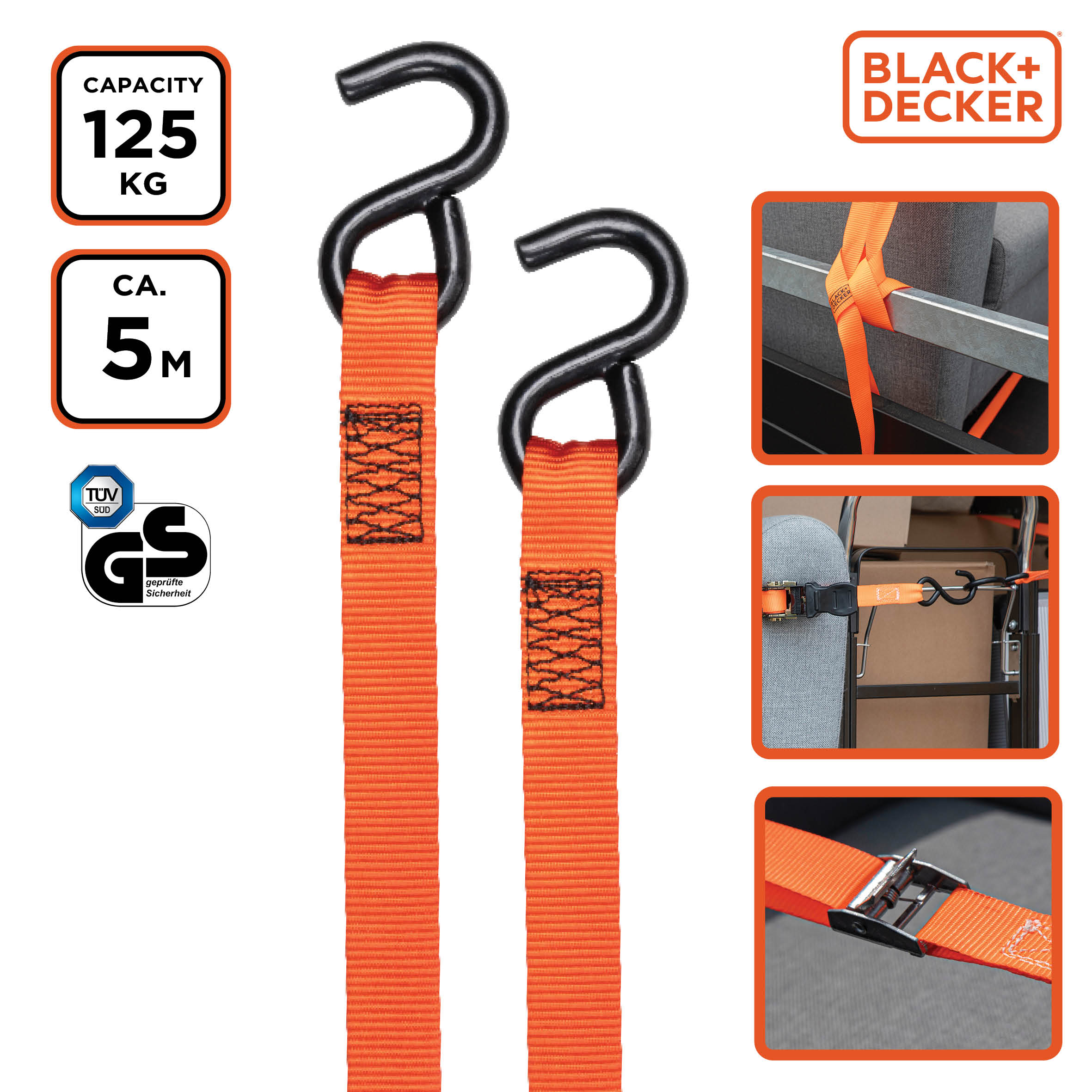 Orange tie-down straps with hooks, 125 kg capacity, 5 m length, Black+Decker logo.
