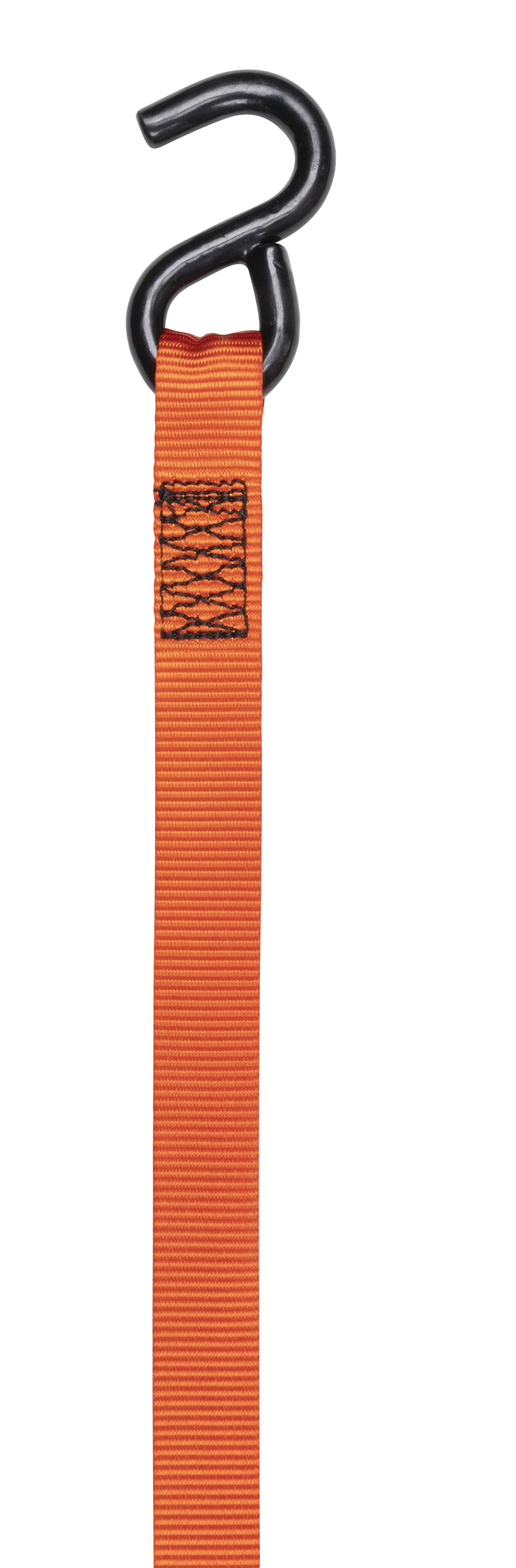A black S-hook is attached to an orange strap with black stitching.