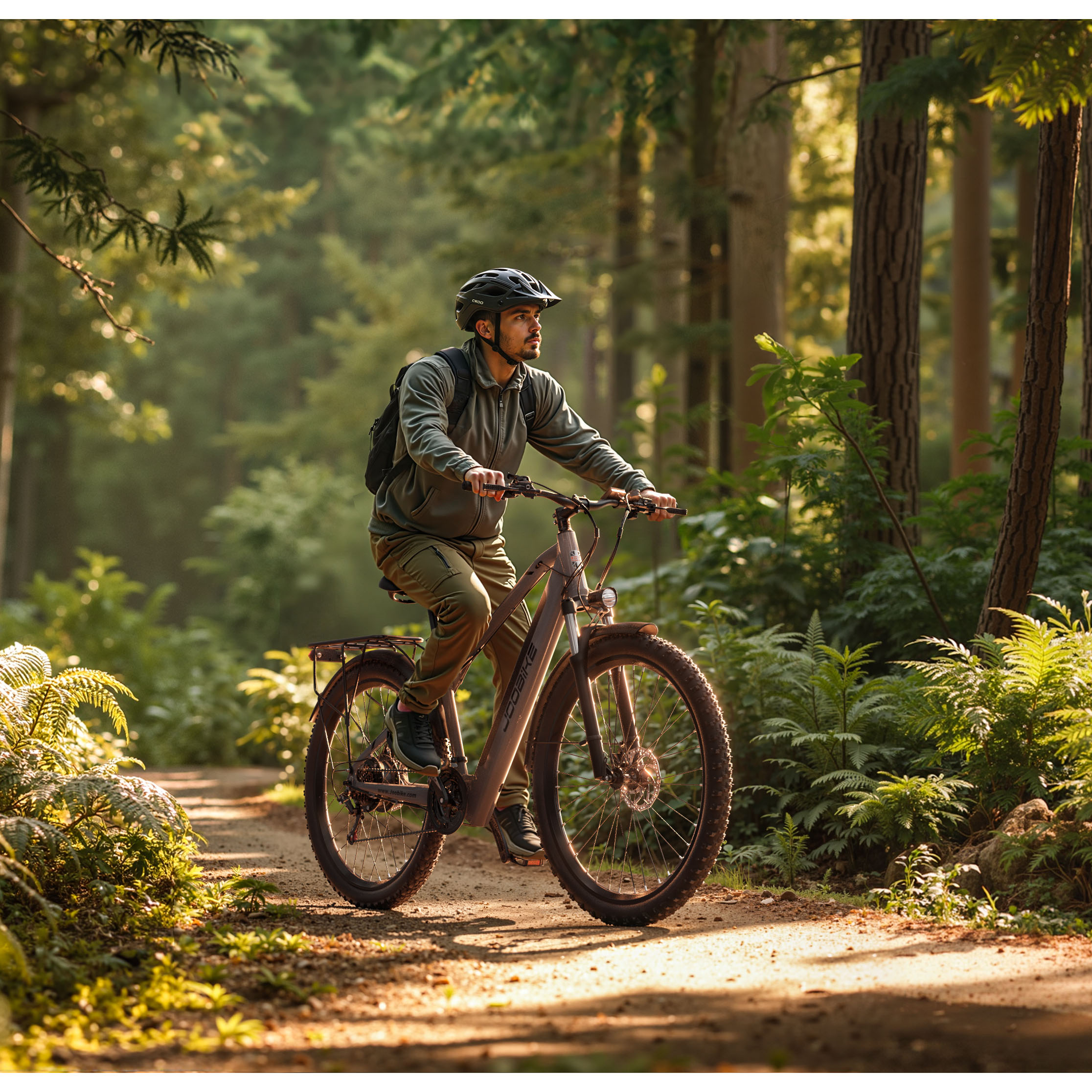 Ein Mann fährt Fahrrad auf einem Waldweg, umgeben von Bäumen und Farnen.