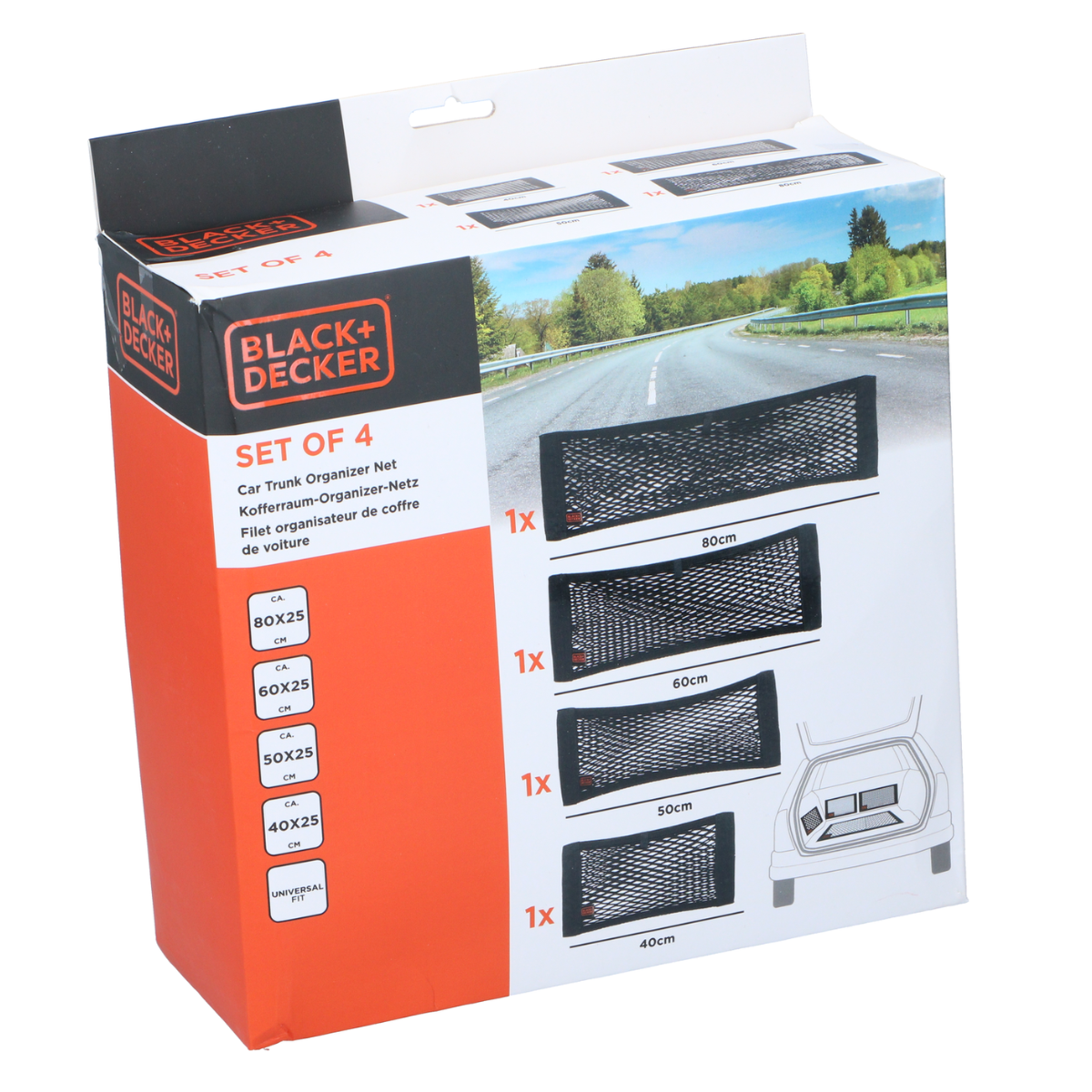 Verpakking voor een set van 4 auto kofferbak organizer netten met maten.