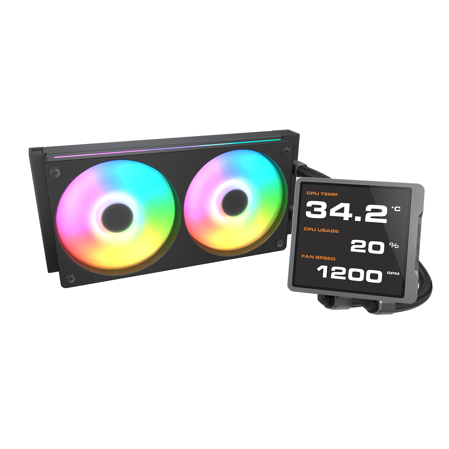 Czarny wentylator chłodzący PC z podświetleniem RGB i cyfrowym wyświetlaczem temp. CPU.