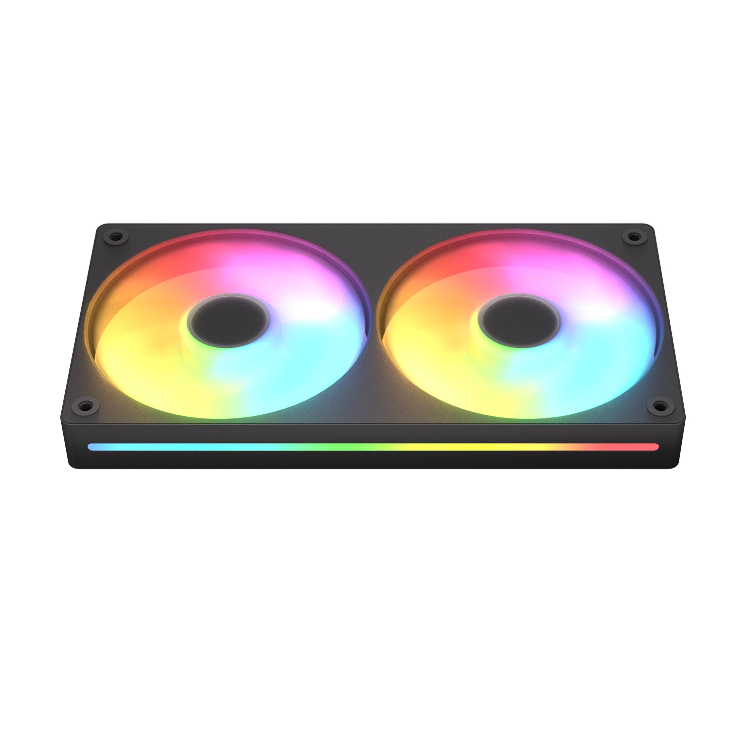 Prostokątny wentylator z dwoma podświetlanymi RGB łopatkami i kolorowym paskiem LED.