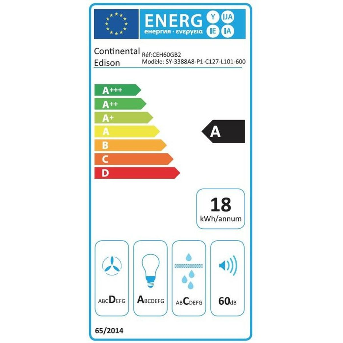 Etichetta energetica Continental Edison, Classe A, 18 kWh/anno, 60dB.