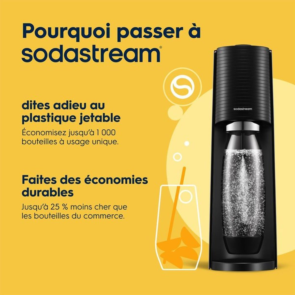 Eine schwarze Sodastream-Maschine neben einem Glas mit Orangenscheiben und einem Strohhalm.