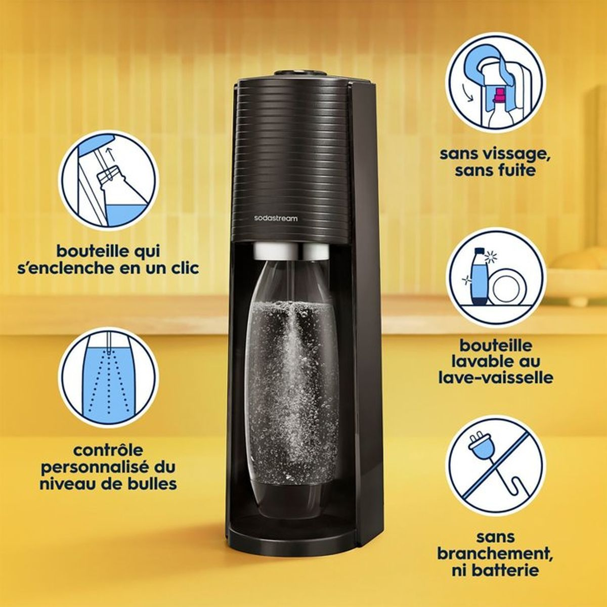 Schwarze SodaStream-Maschine mit Flasche, zeigt Funktionen: Klickflasche, Blasensteuerung, kein Schrauben/Leck, spülmaschinenfest, kein Stecker/Akku.