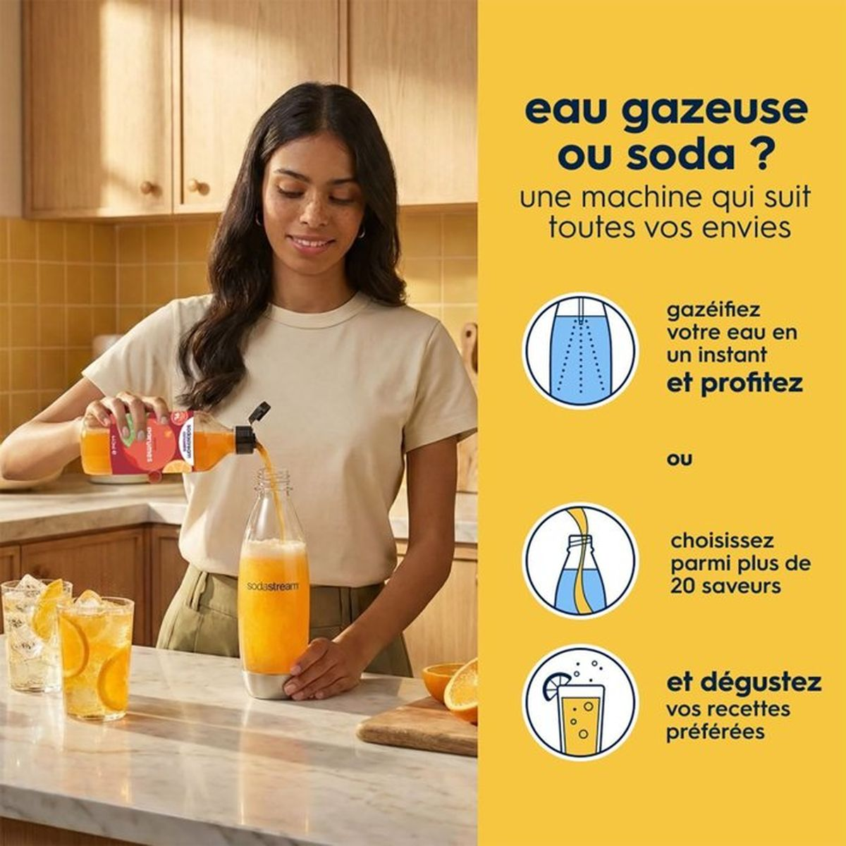 Eine Frau gießt Orangensirup in einen Sodastream-Zylinder für ein Getränk.