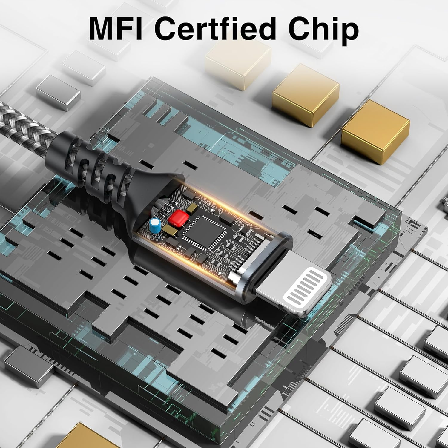 Ein Lightning-Kabel mit MFi-Chip liegt auf einer Leiterplatte.