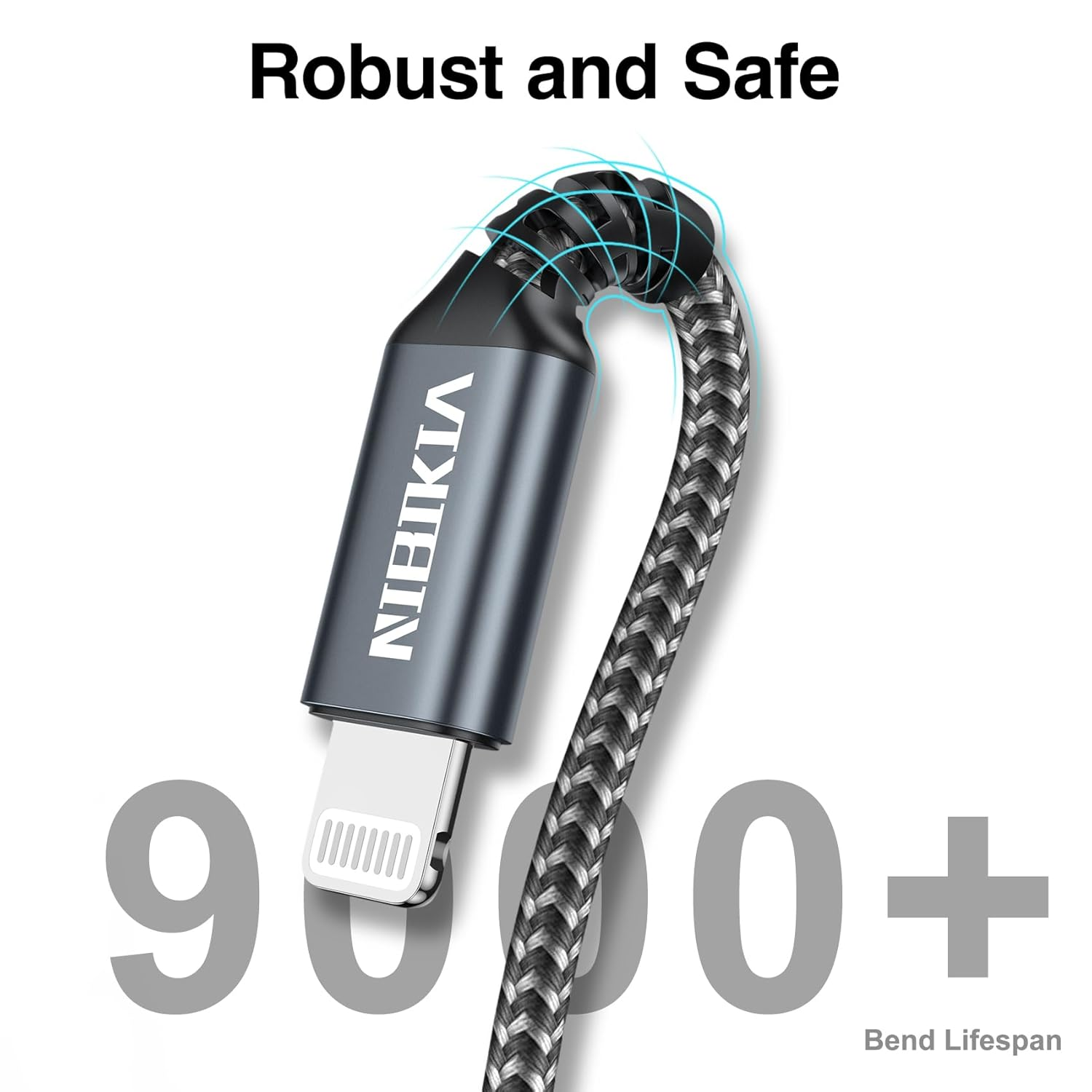 Graues Ladekabel mit Lightning-Anschluss und 9000+ Biegewiderstand.