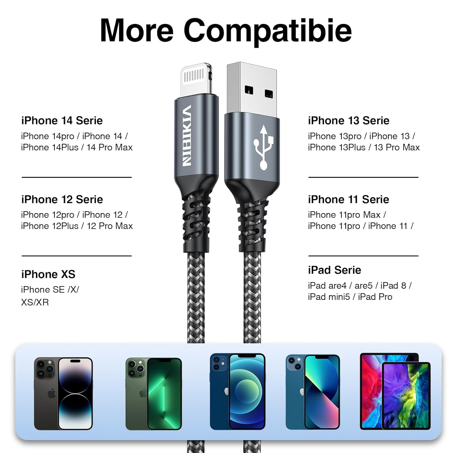 Ein USB-A zu Lightning Kabel mit Kompatibilitätsliste für iPhones und iPads.
