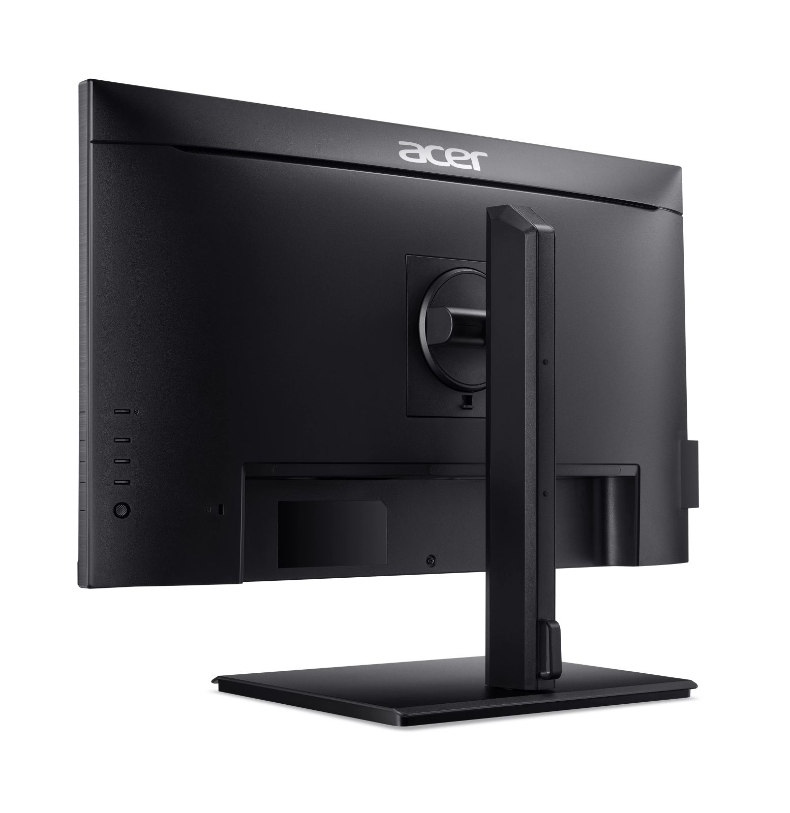 Vista posteriore di un monitor Acer nero con supporto su sfondo bianco.