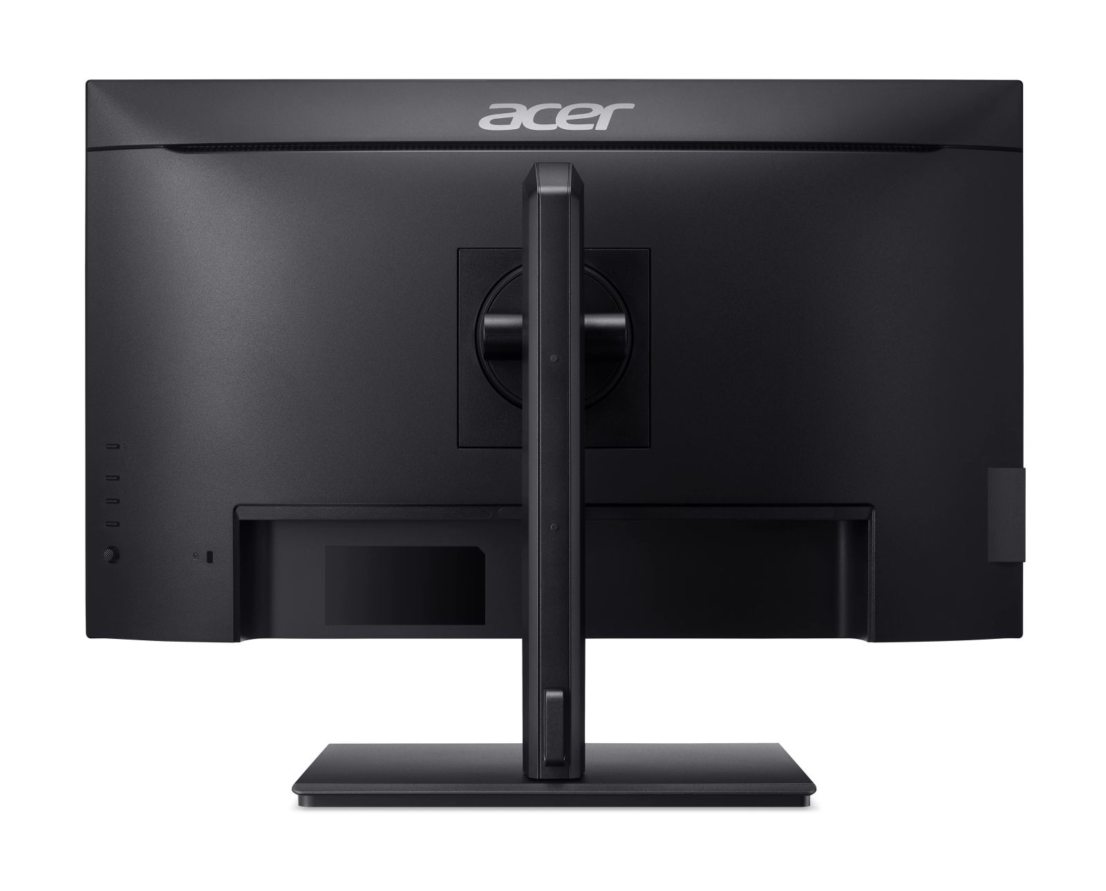 Vista posteriore di un monitor Acer nero con supporto e porte.