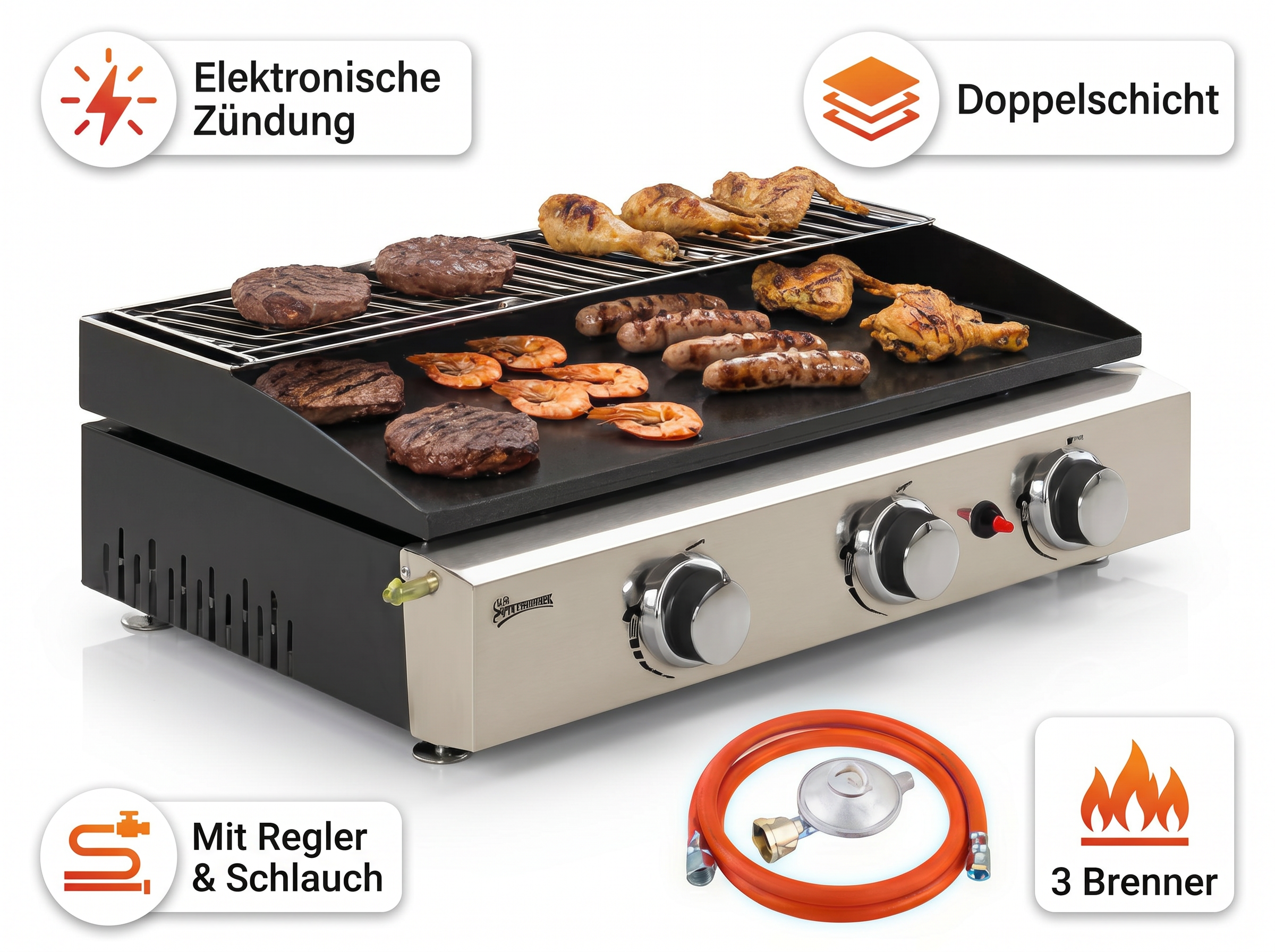 Gasgrill mit Burgern, Würstchen, Hähnchenschenkeln und Garnelen. Enthält Schlauch, Regler und 3 Brenner.