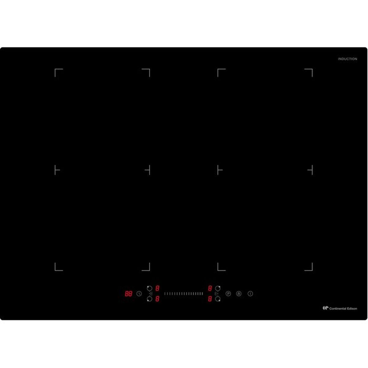 Piano cottura a induzione nero con sei zone di cottura e controlli digitali.