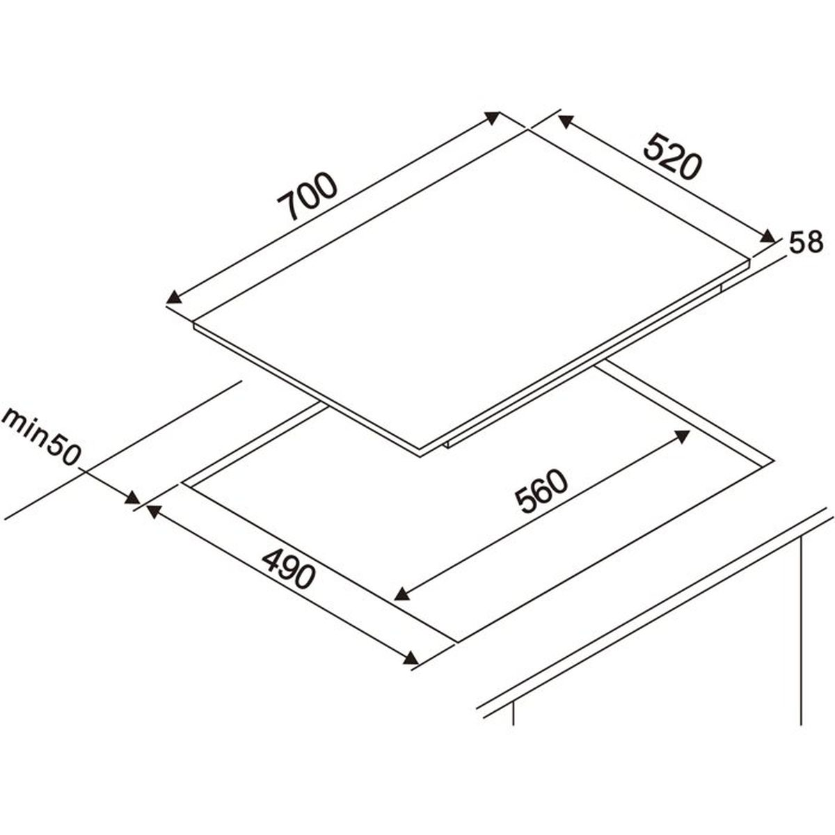 Disegno tecnico piano cottura dimensioni 700x520x58mm e foro 560x490mm.