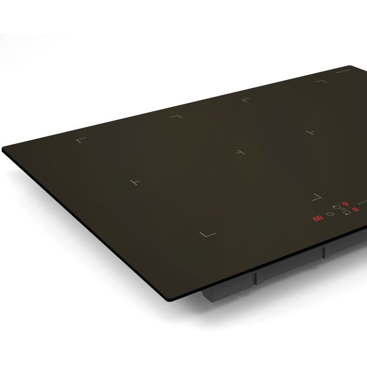 Un piano cottura a induzione in vetro nero con comandi touch e display a LED rossi.