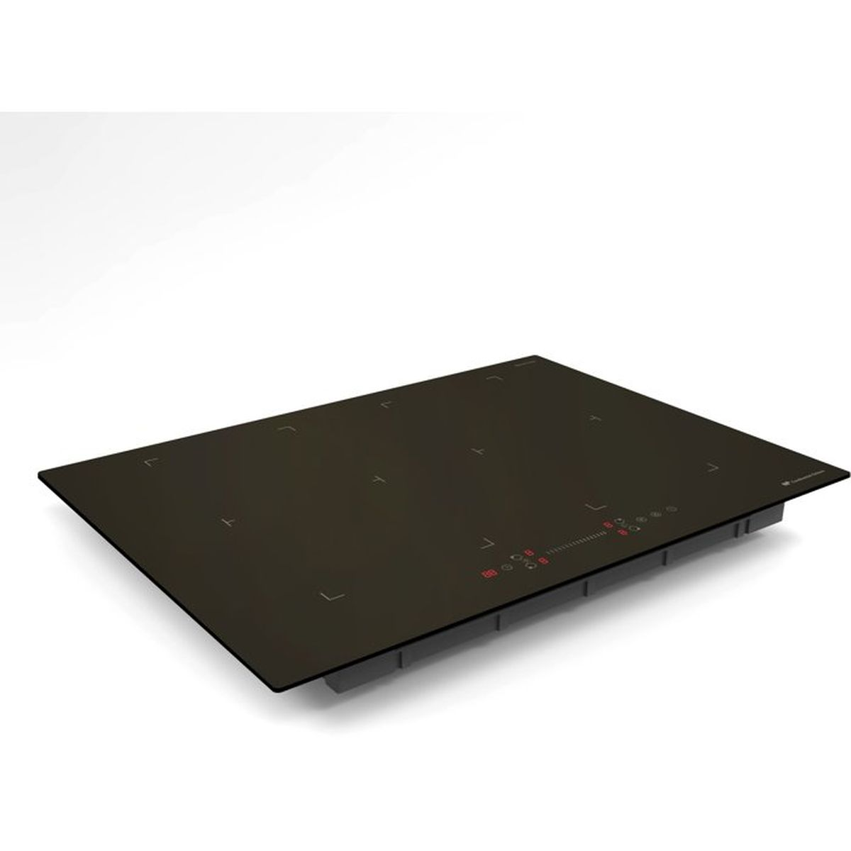 Un piano cottura a induzione nero con quattro zone di cottura e display digitale.
