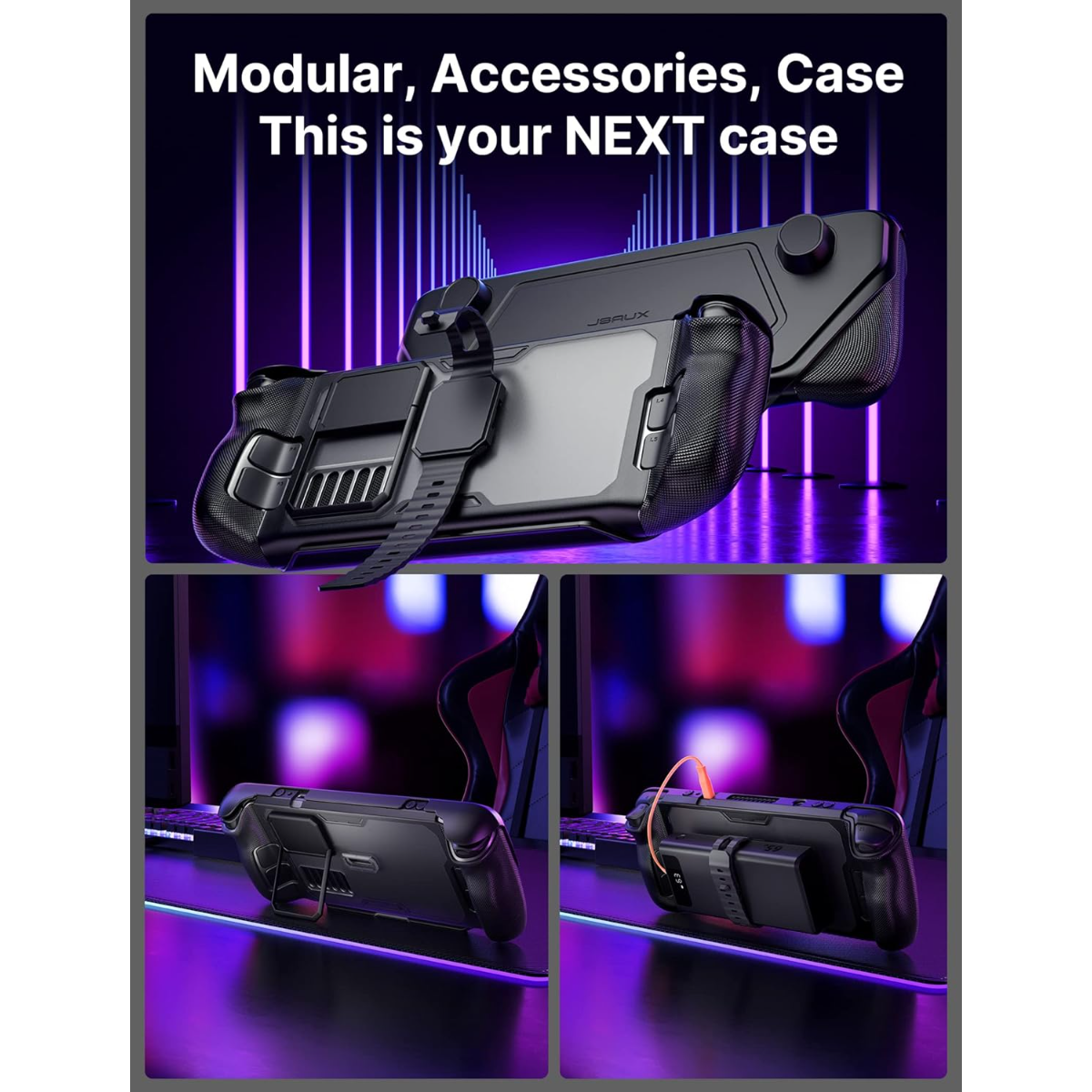 Ein modulares Gehäuse für ein Handheld-Gerät mit Griffen und Ständer.