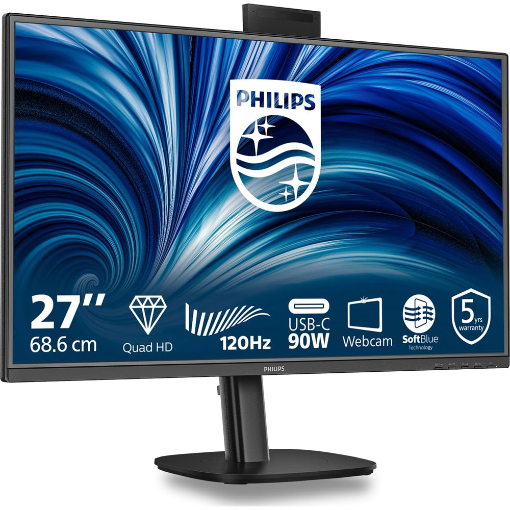Un monitor Philips 27" Quad HD con 120Hz, USB-C 90W, webcam e garanzia 5 anni.