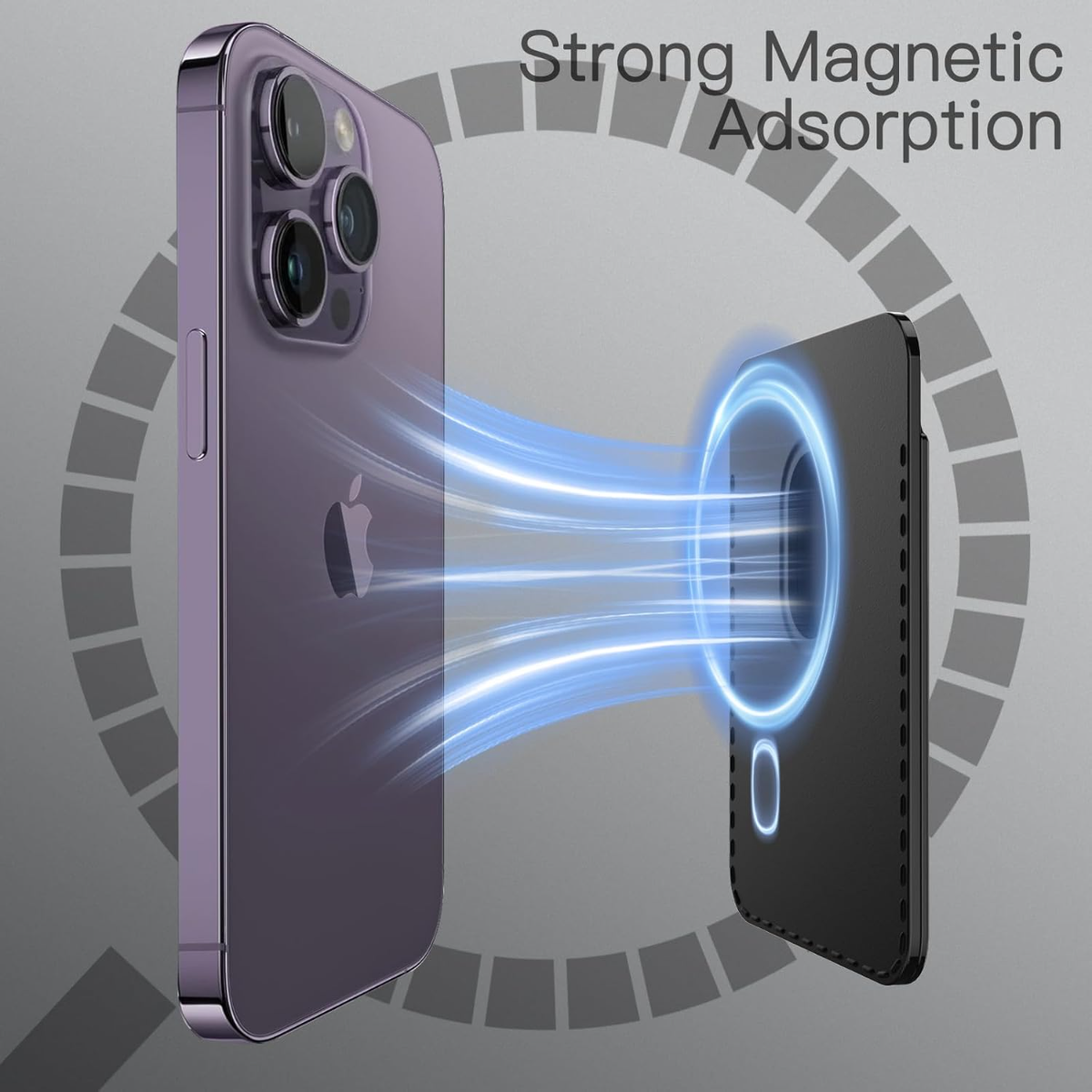 iPhone morado atrayendo magnéticamente accesorio negro con líneas azules.