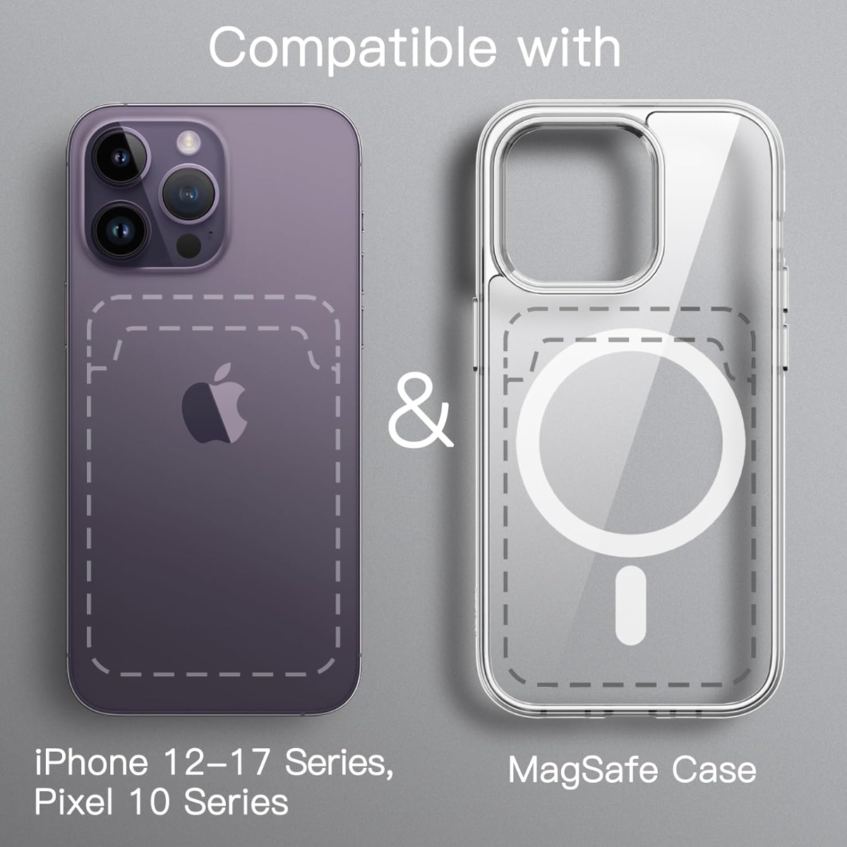 iPhone morado con logo de Apple junto a una funda MagSafe transparente.