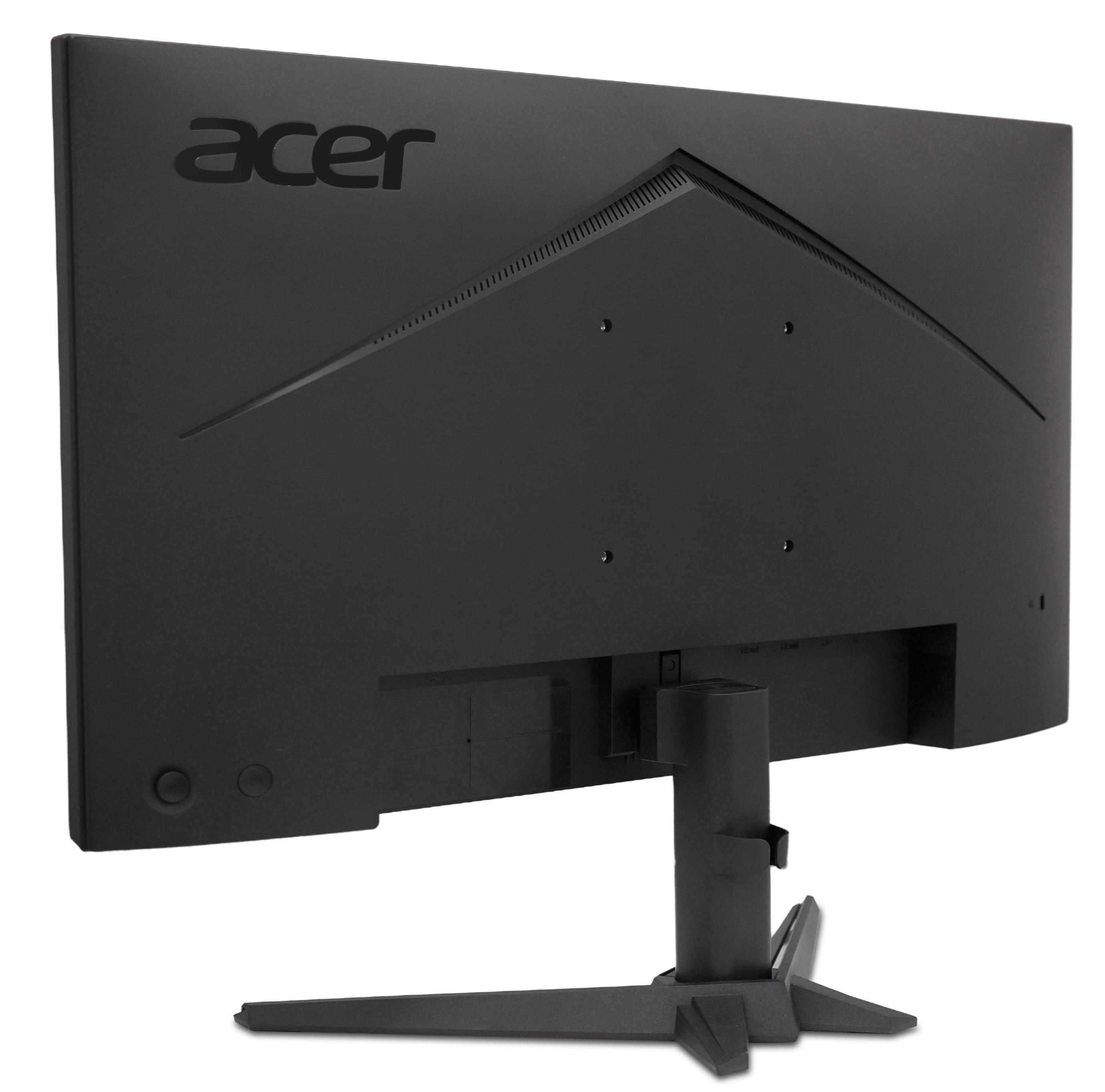 Tył czarnego monitora Acer ze stojakiem i portami.