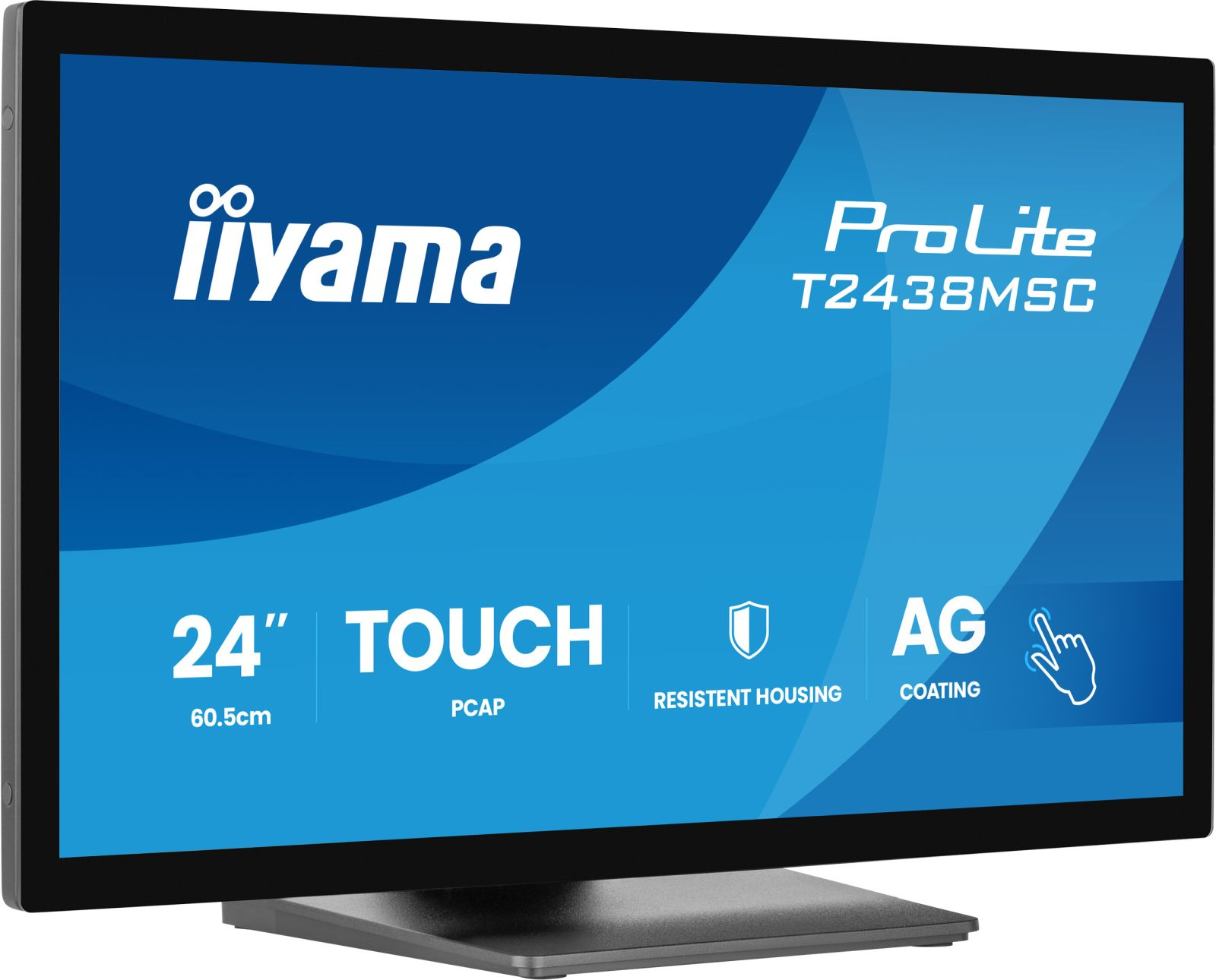 Un display touchscreen da 24 pollici con logo e caratteristiche ProLite T2438MSC.